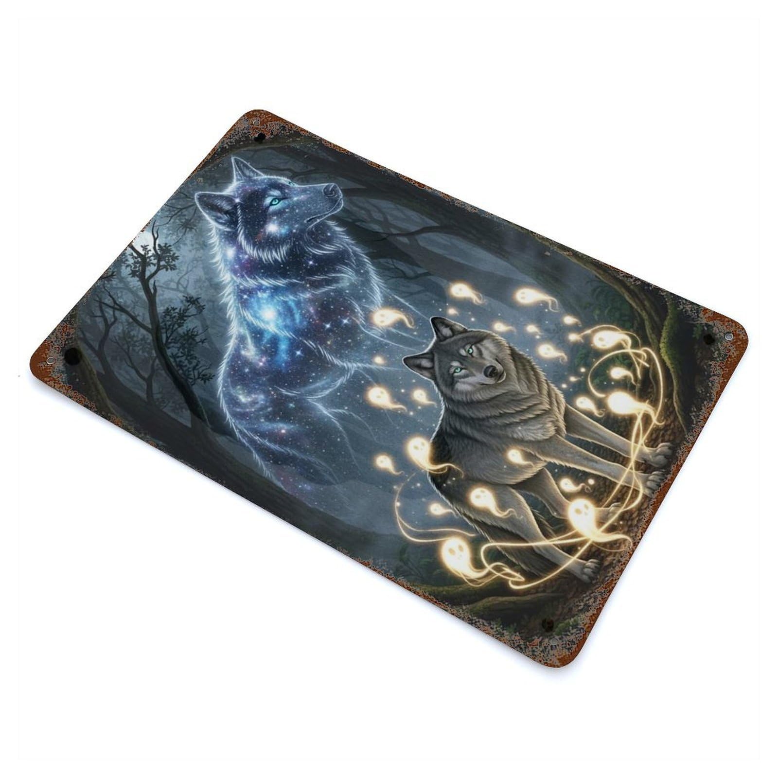 Rust Effect Mystical Wolves Enchanted Forest Decorative Tin Sign 11.8"x7.9", Vintage Wall Decor for Farmhouse, Kitchen And Entryway Decor