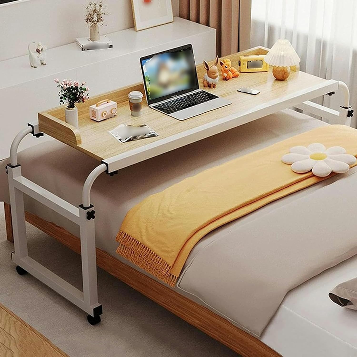 Bureau à roulettes sur Le lit avec roulettes，Table de lit réglable en Hauteur avec pivotantes (Color:Bois)