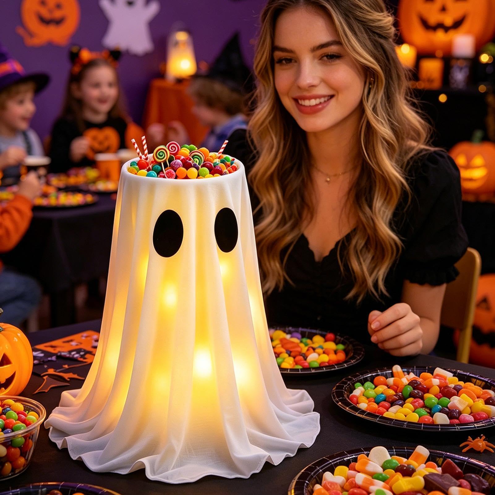 Generico Decorazioni Halloween Fantasma,per Caramelle Spaventosa con 8 modalità di LED - Porta Dolci Fantasma di Halloween | per Esterno Portico Giardino Cortile Patio Prato Casa
