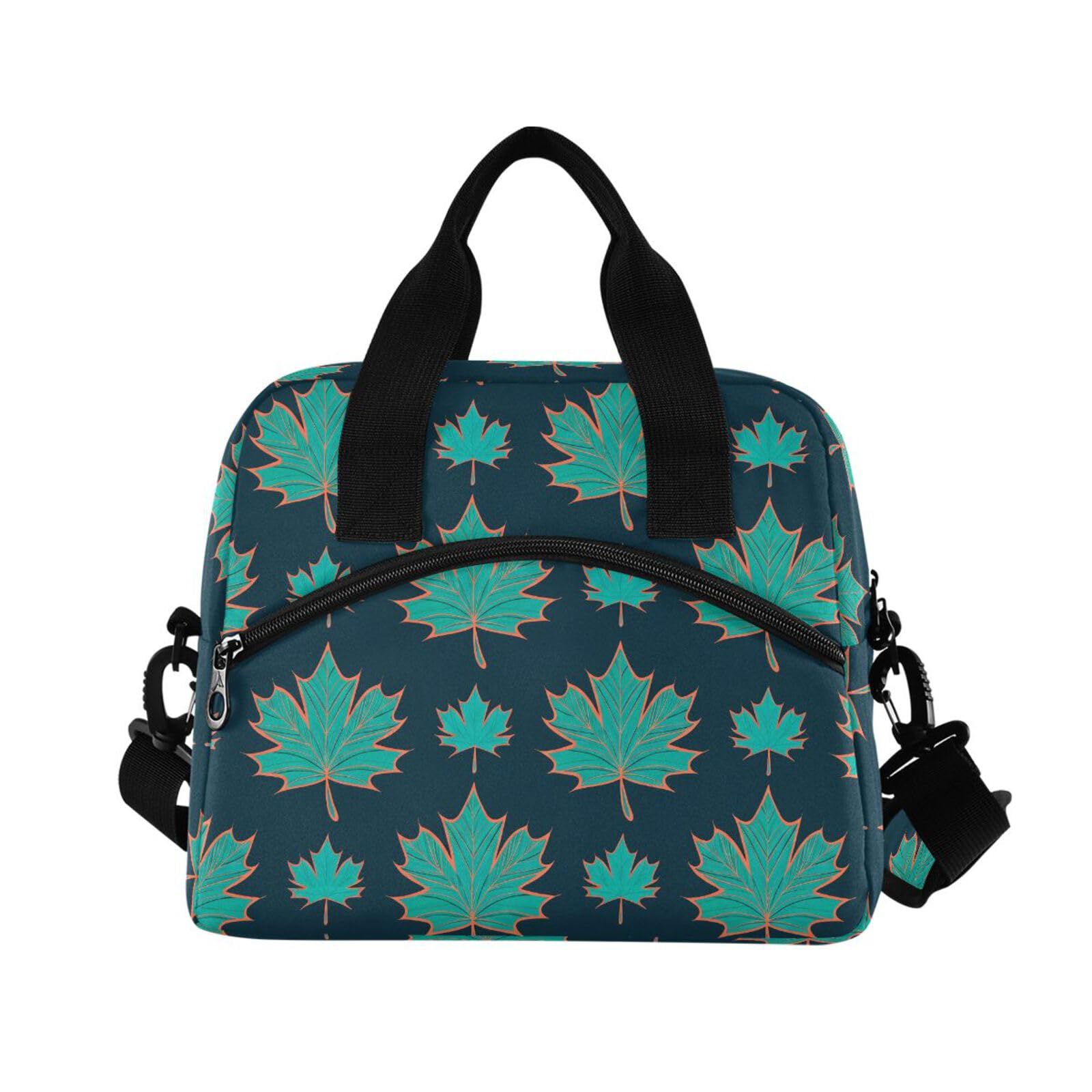 Sinestour Insulated Lunch Bag Reusable Cooler Maple Leaf Teal Lunch Box Adjustable Shoulder Strap for Men Women Adults