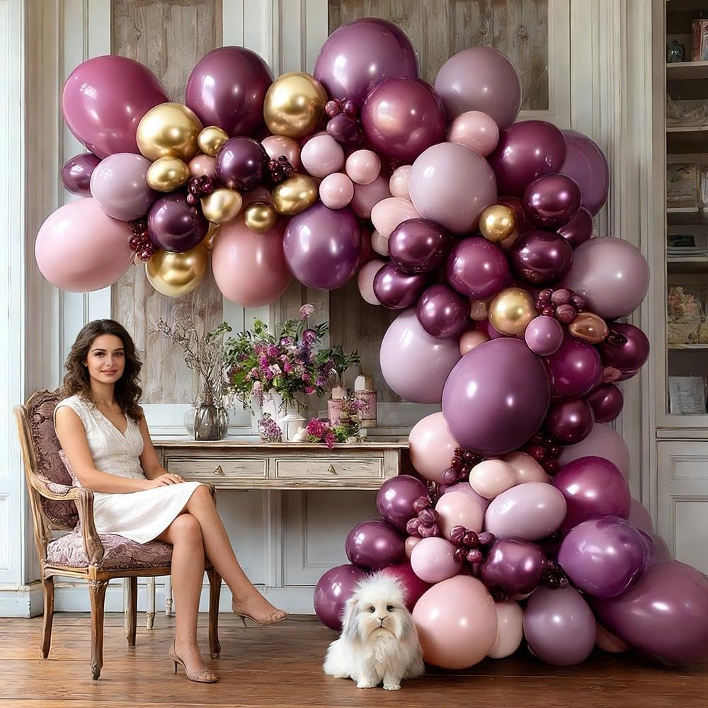 Dunkelviolette und rosa Luftballon-Girlande, doppelt gefüllt, Altrosa, Burgunderrot, Gold, Ballonbogen-Set für Geburtstag, Brautparty, Hochzeit, Valentinstag, Party-Dekorationen