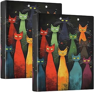 Paquete de 2 carpetas de 3 anillas, diseño de gatos coloridos, color negro, con bolsillos, carpetas grandes de 3 anillos para escuela, universidad, oficina