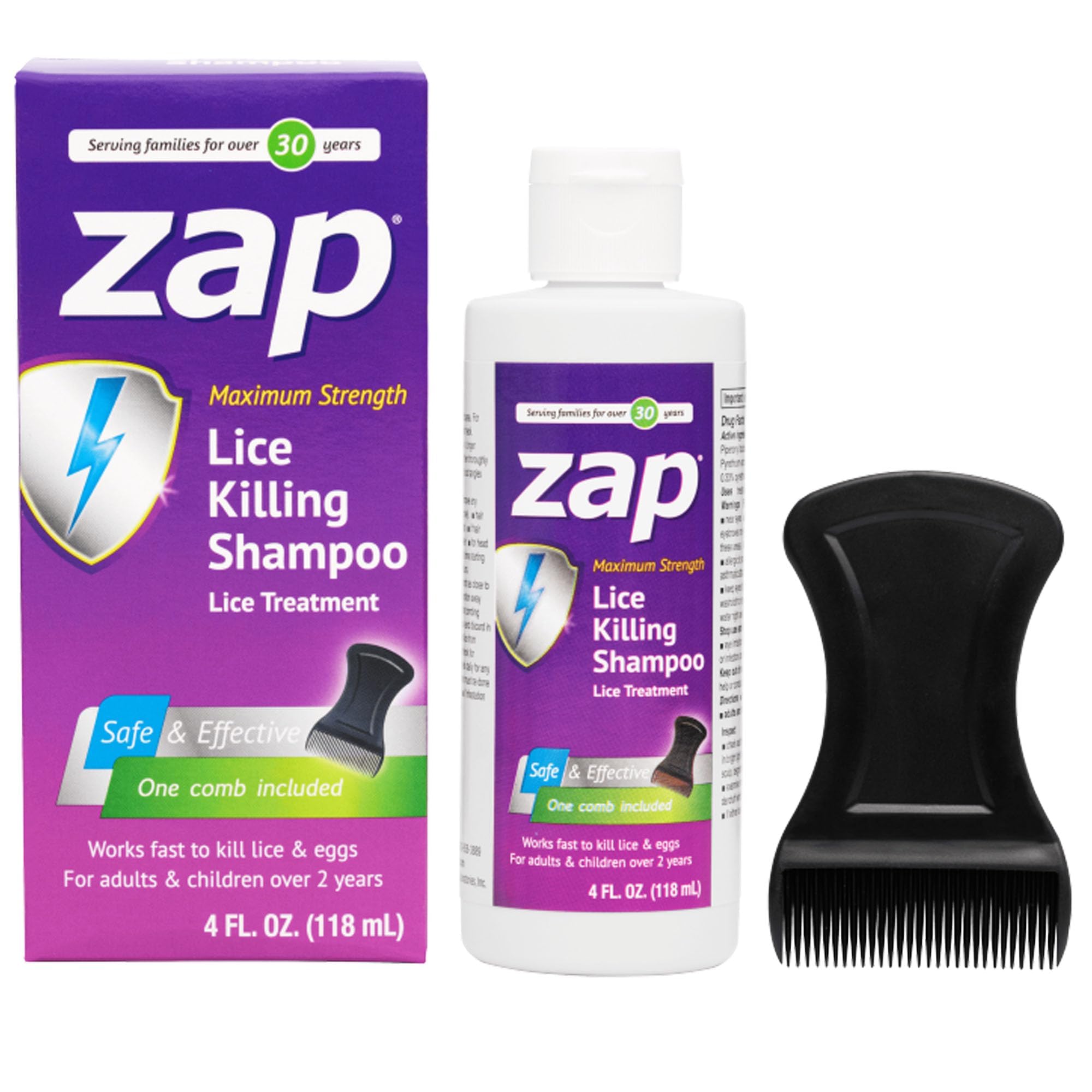 Zap Lice Shampoo Extra Strength - Lice Kit Comb Included 4 FL OZ.