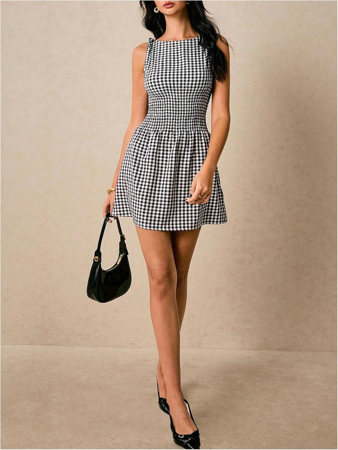 Floerns Women's Tie Shoulder A Line Gingham Dress Boat Neck Mini Checkered Elegant Dresses - Image 5