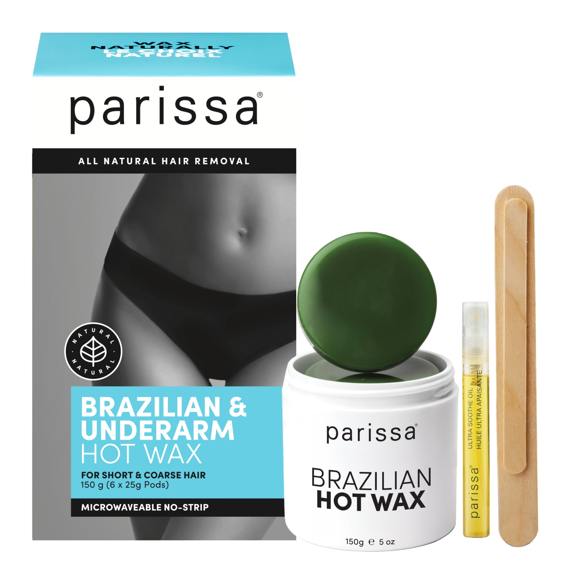 Parissa Microwavable Natural Bikini Hot Wax Kit | No-Strip Hard Wax for Coarse Hair on Bikini & Underarms | Ideal for Brazilian-Style Waxing | 150 g (5 oz)