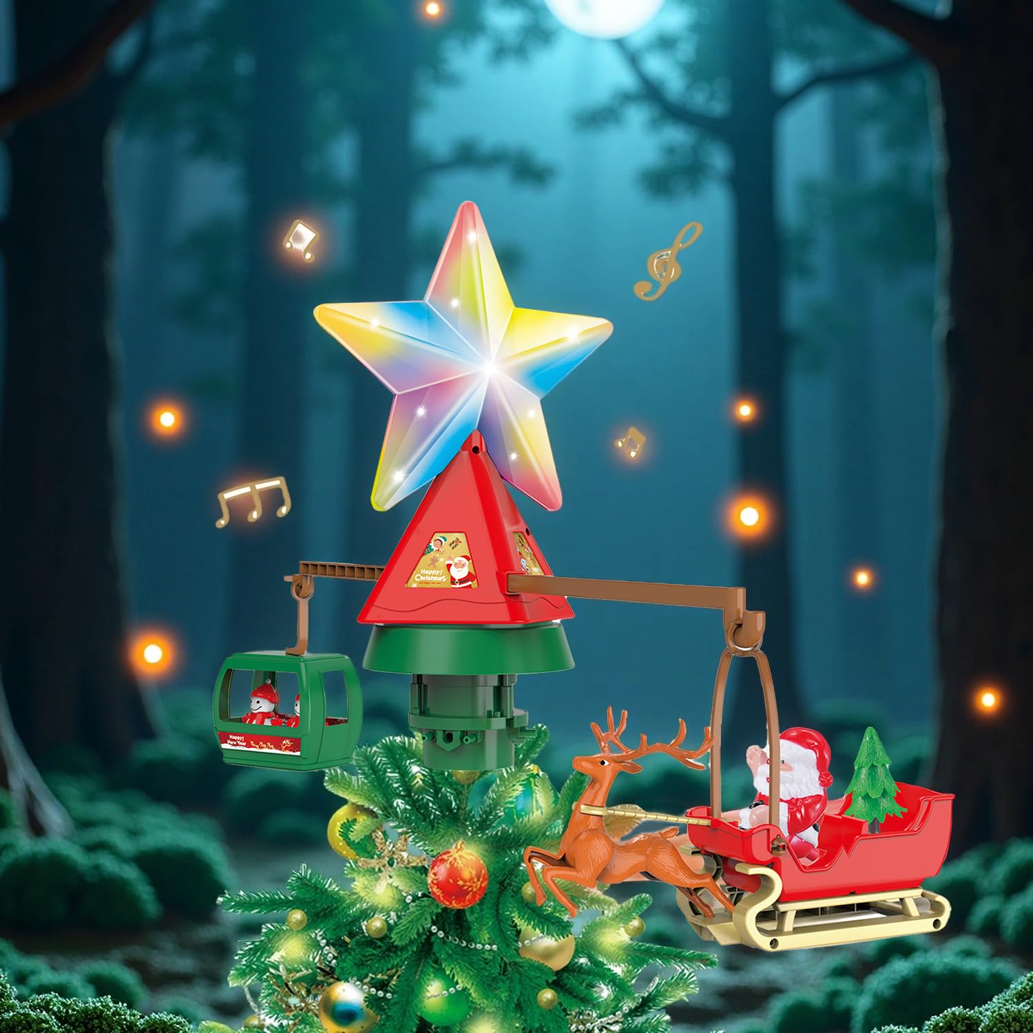 Decoración para árbol de Navidad iluminada, ciervo y trineo, luz giratoria y decoración superior del árbol de música, estrella iluminada para decoración de fiestas de Navidad