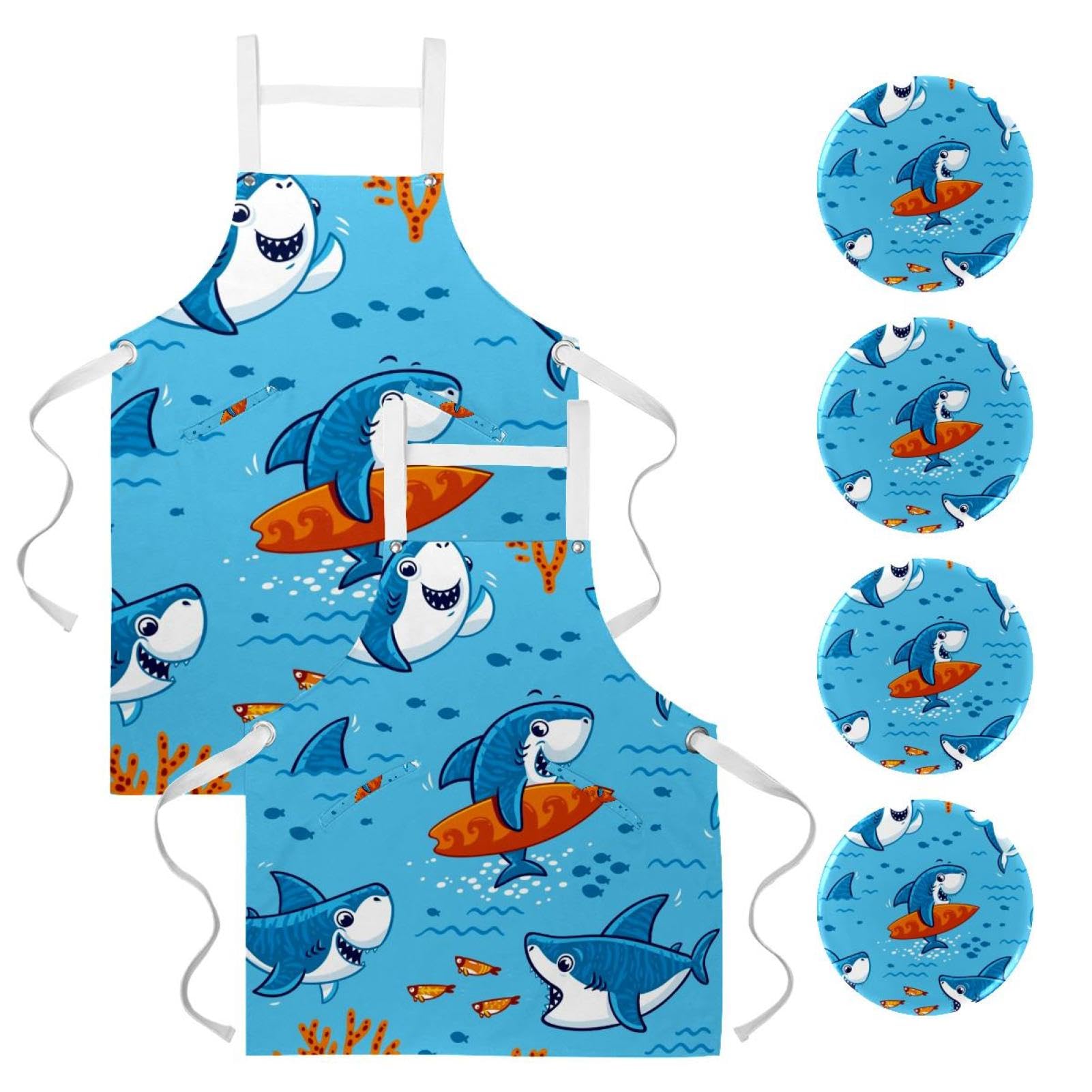 Tablier de cuisine imprimé requin poisson corail avec 4 broches pratiques lot de 2 - 7
