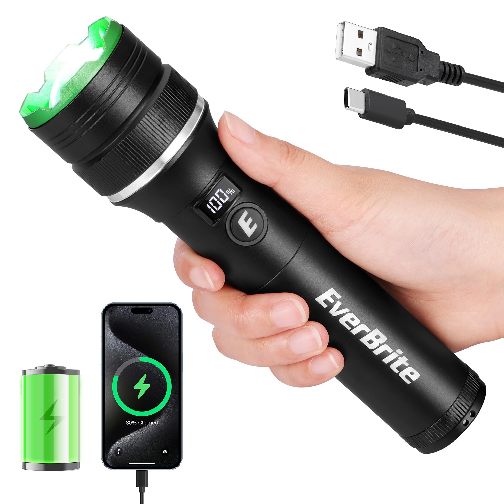 EverBrite Rechargeable LED Flashlight 1000 Lumens, 4 Modes Super Bright Zoomable Flash Light with Power Bank, Memory Function, Power Indicator for Outdoor Camping, Emergency, Home Use