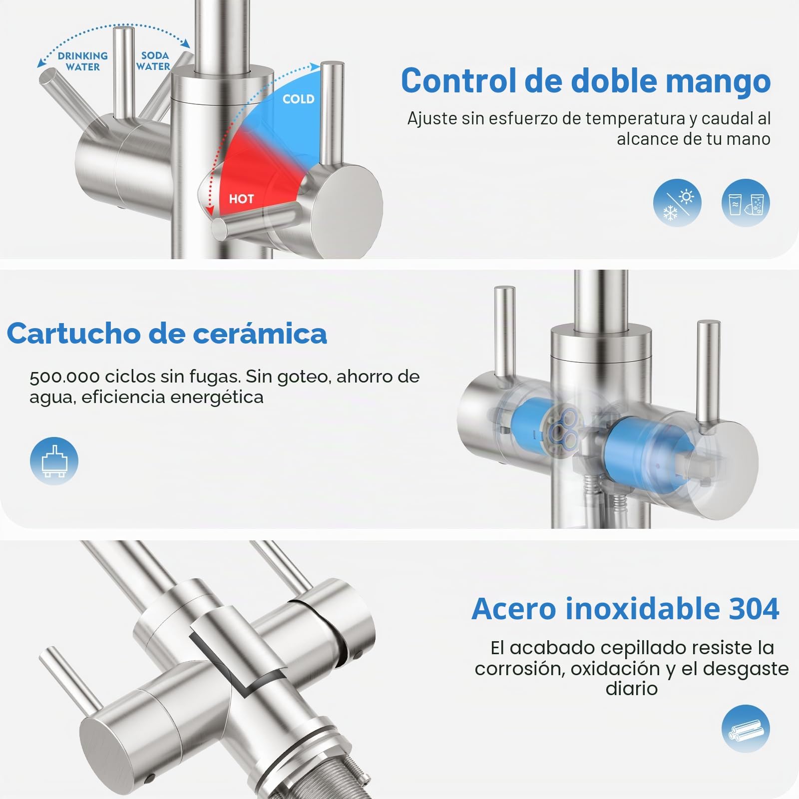 Grifo de Cocina de 4 vías de Doble Palanca, Grifo de Fregadero Cocina con Agua Potable y Agua con Gas para filtro de Agua y Burbujeador acero inoxidable, cepillado