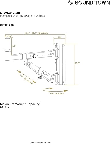 Miniatura 3 de Sound Town STWSD-048B - Juego de 2 soportes ajustables para altavoces de montaje en pared con soporte giratorio de 180 grados con adaptador de 1.378