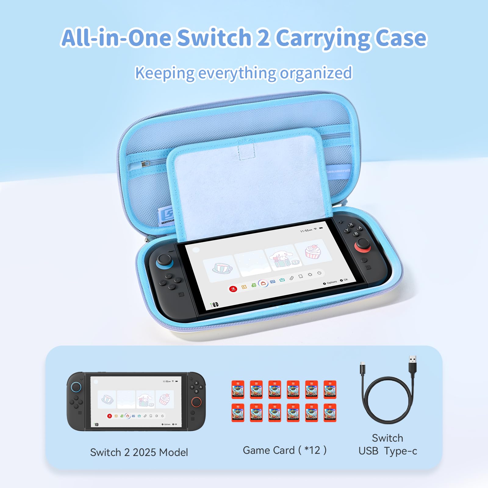Kuitmor Carrying Case Compatible with Switch 2 (2025) 7.9 Inch, Hard-Shell Slim Travel Case with 10 Game Card Slots for Switch 2 Console and Accessories, Candy Party (Blue) — view 2