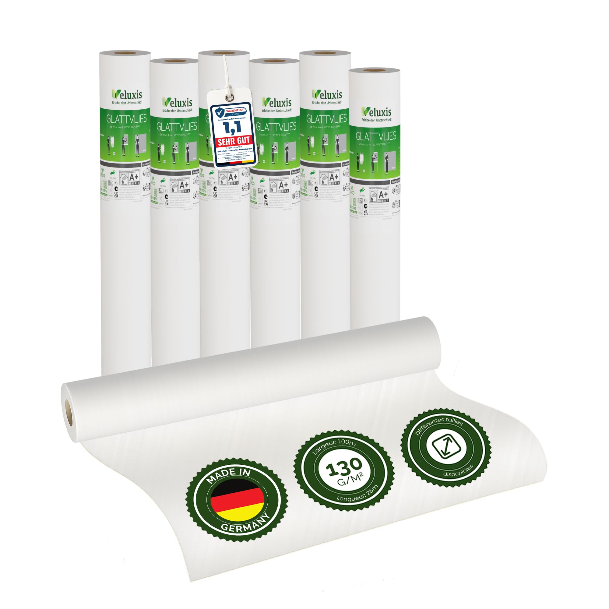 Vlies mural Premium – toile lisse recouvrable, anti-fissures et stable, idéale comme sous-couche avant peinture (lot de 6 rouleaux blancs, 25,00 m x 1,00 m – 130 g/m²)