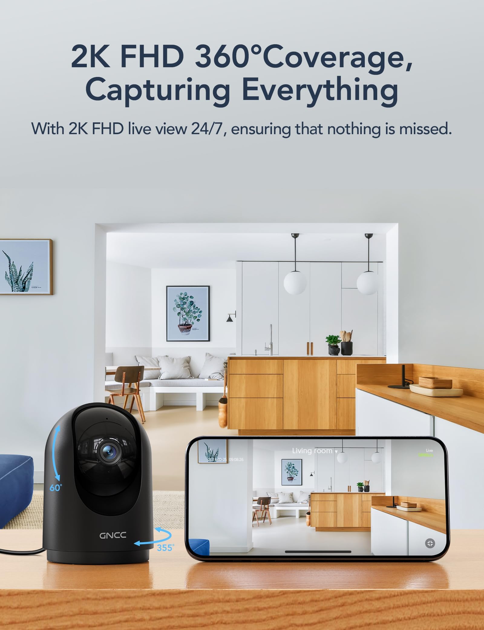 Cinnado Überwachungskamera Innen - 2K Babyphone mit Kamera, 360 Grad WLAN Indoor Hundekamera mit APP, Automatische Verfolgung, Zwei-Wege-Audio, Bewegungserkennung, Nachtsicht, kompatibel mit Alexa