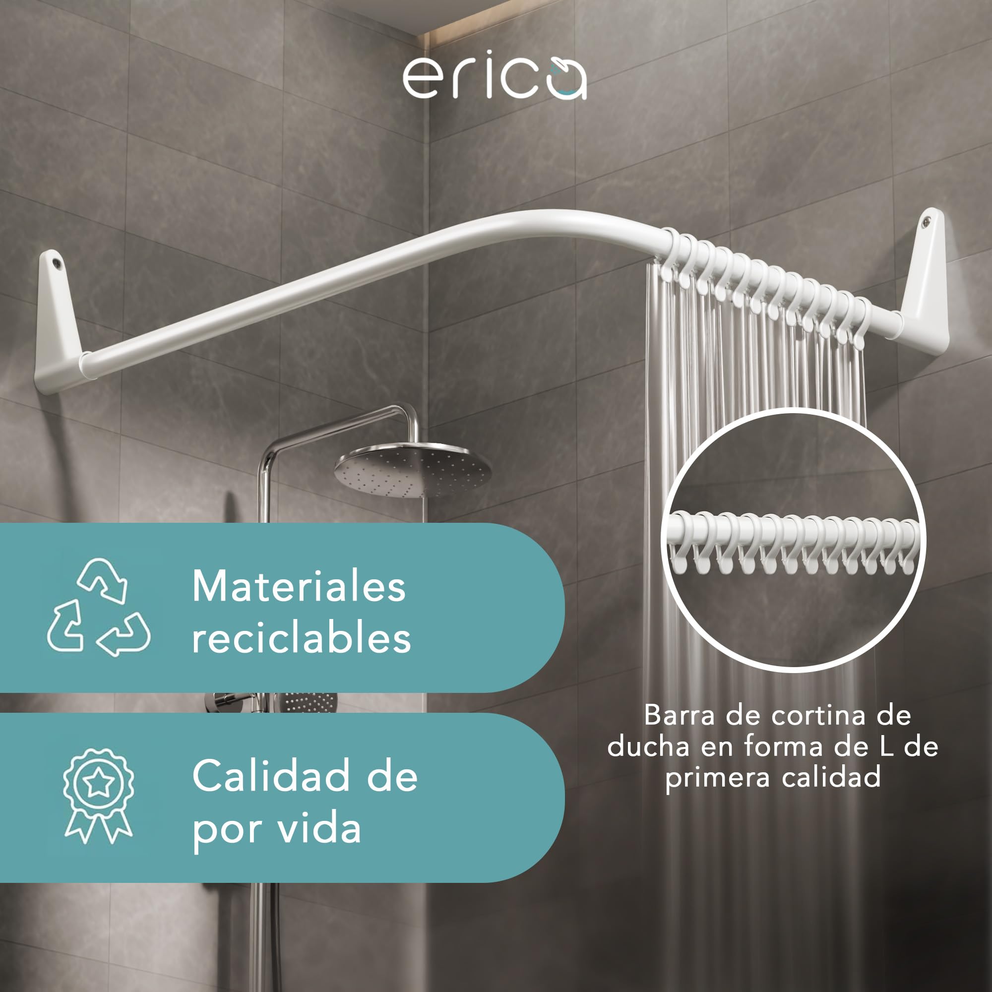 Erica Barra Ajustable en Forma de L para Cortina de Ducha de Bañera, Blanca | 70x90cm / 70x160cm / 90x140cm; Barra de Ducha con Montaje en Pared; Barra de Ducha Curva; Acero con Recubrimiento en Polvo