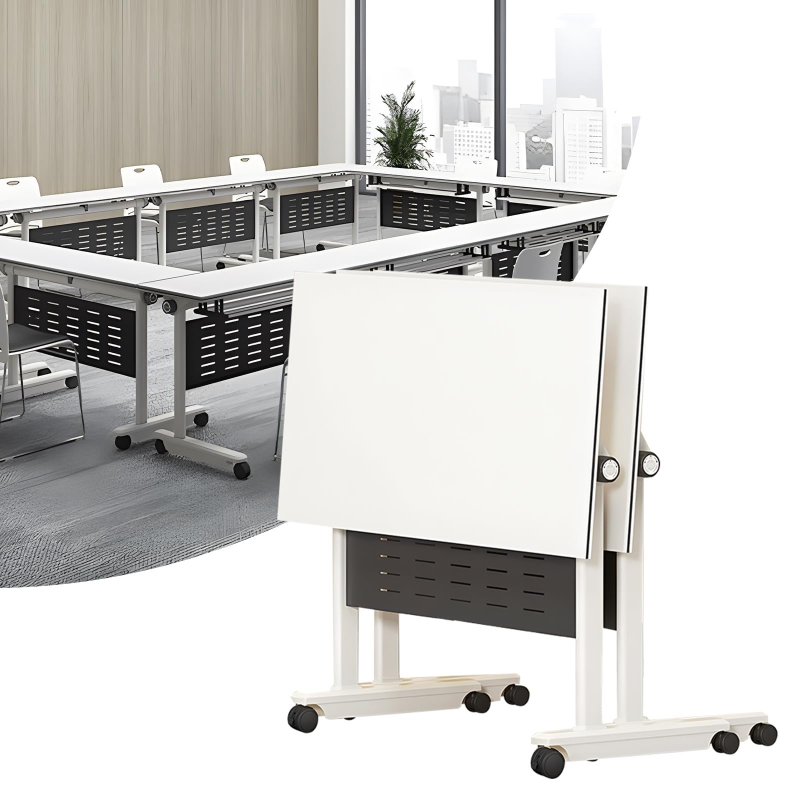 Konferenzraumtisch - Klappbarer Konferenztisch, Konferenzraumtisch mit geräuschlosen Feststellrollen, zusammenklappbarer mobiler Schulungstisch mit Klappplatte, weißer Bürokonferenztisch (Fa