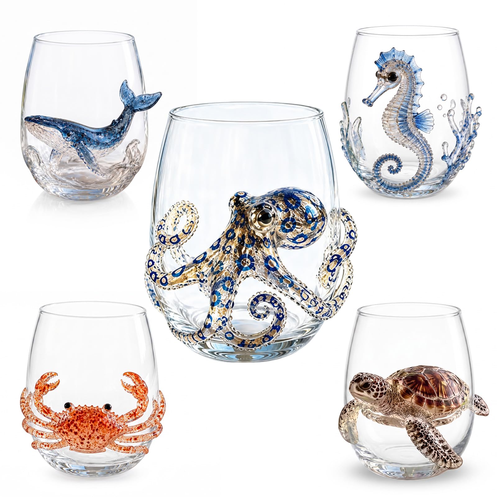 Artisanal Blue Ringed Octopus Glassware, 3D Octopuses Stemless Wine Glasses, Coastal Home Bar Accessories, Unique Ocean Lover Gift (5 Pcs)