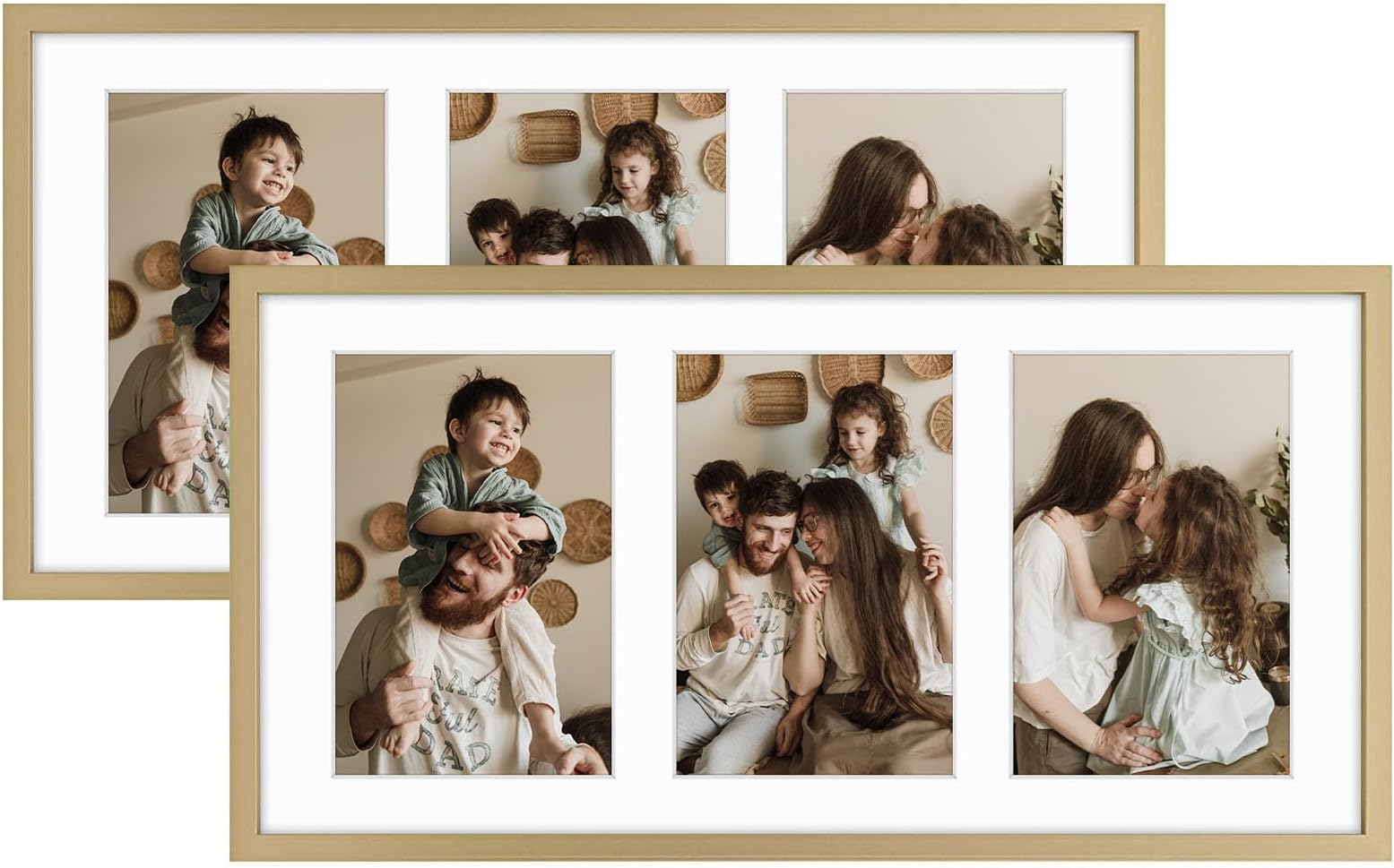 Golden State Art, 4x6 Aluminum Collage Frame, Display 6x4 Pictures With 3 Openings Mat or One 7x14 Photo, Real Glass, Portrait/Landscape Wall Display, Gold, 2 Pack