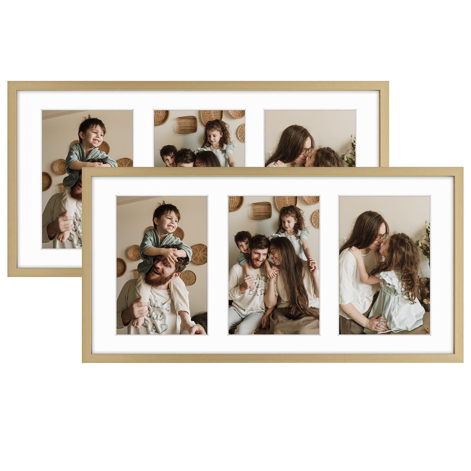 Golden State Art, 4x6 Aluminum Collage Frame, Display 6x4 Pictures With 3 Openings Mat or One 7x14 Photo, Real Glass, Portrait/Landscape Wall Display, Gold, 2 Pack
