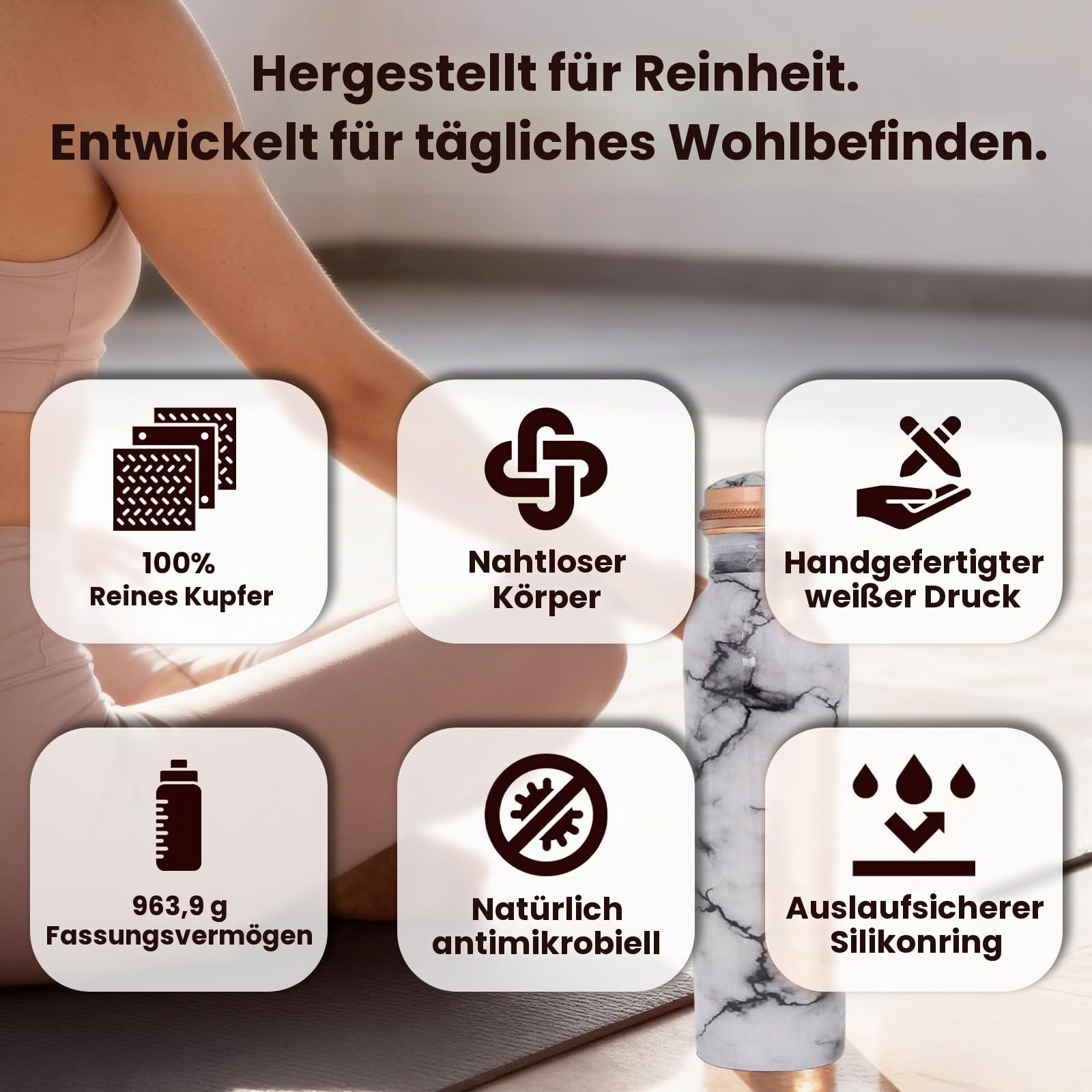 Craft Trade Trinkwasserflasche Kupfer Trinkflasche Rein Weiß Flasche Wasserflasche mit Deckel und Tragetasche 34oz/1000 ml Auslaufsicheres Ayurveda Kupferflasche für Büro und Yoga- 2