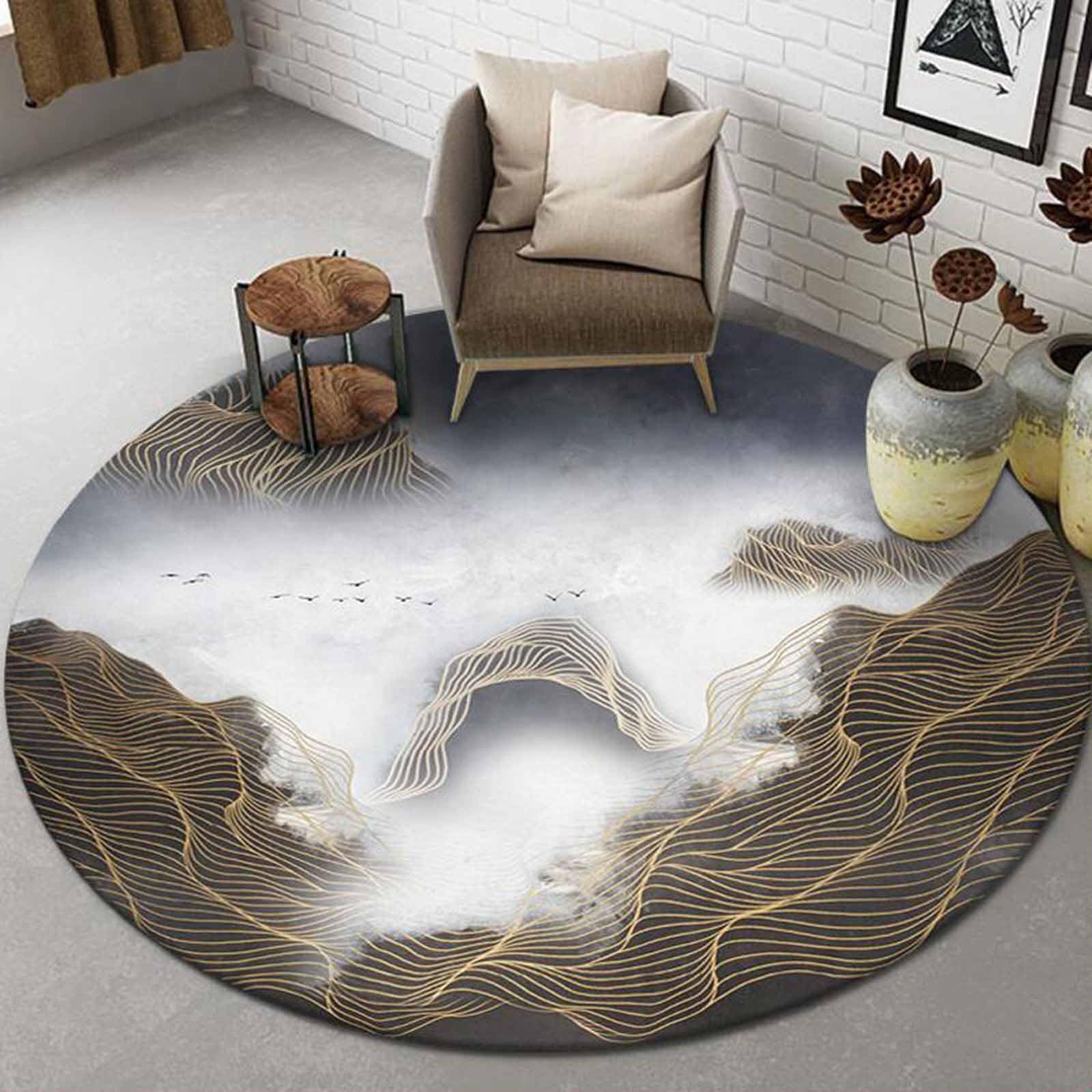 Tapis Ronds contemporains Marron doré Gris 60cm 80cm 100cm 120cm 140cm 160cm 180cm 200cm Tapis Lavable pour Salle de Jeux Chambre à Coucher Salon