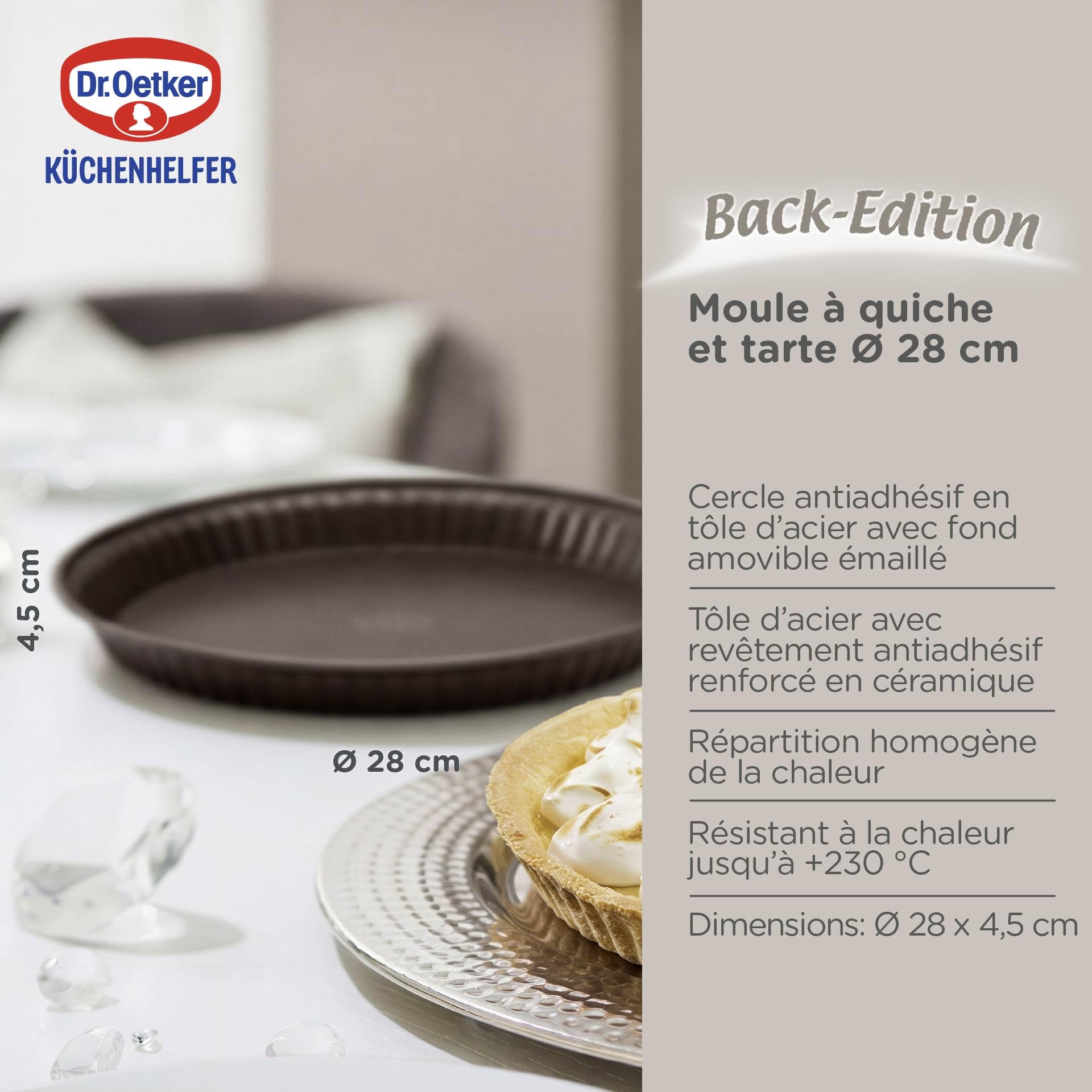 Dr. Oetker Moule à quiche avec fond amovible en émail - Diamètre : 28 cm - Moule à tarte avec revêtement antiadhésif renforcé en céramique - Fond résistant aux coupures et aux rayures - Résistant à la