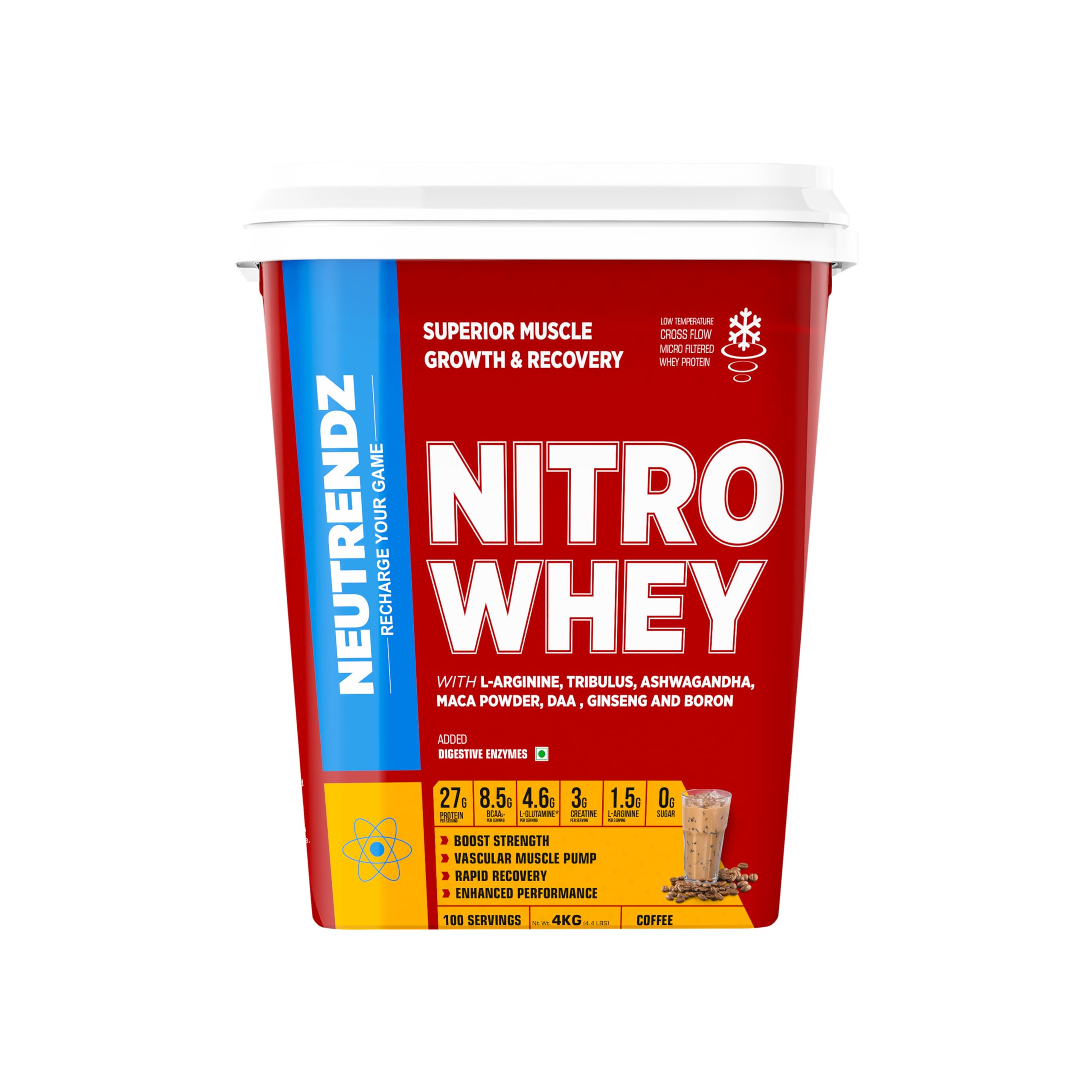 Nitro Whey Protein Powder | 27g Whey Isolate & Concentrate | Zero Sugar | Creatine, BCAAs, Ashwagandha, L-Arginine | Muscle Growth, Strength & Recovery | Coffee Flavor - 4Kg-image-34