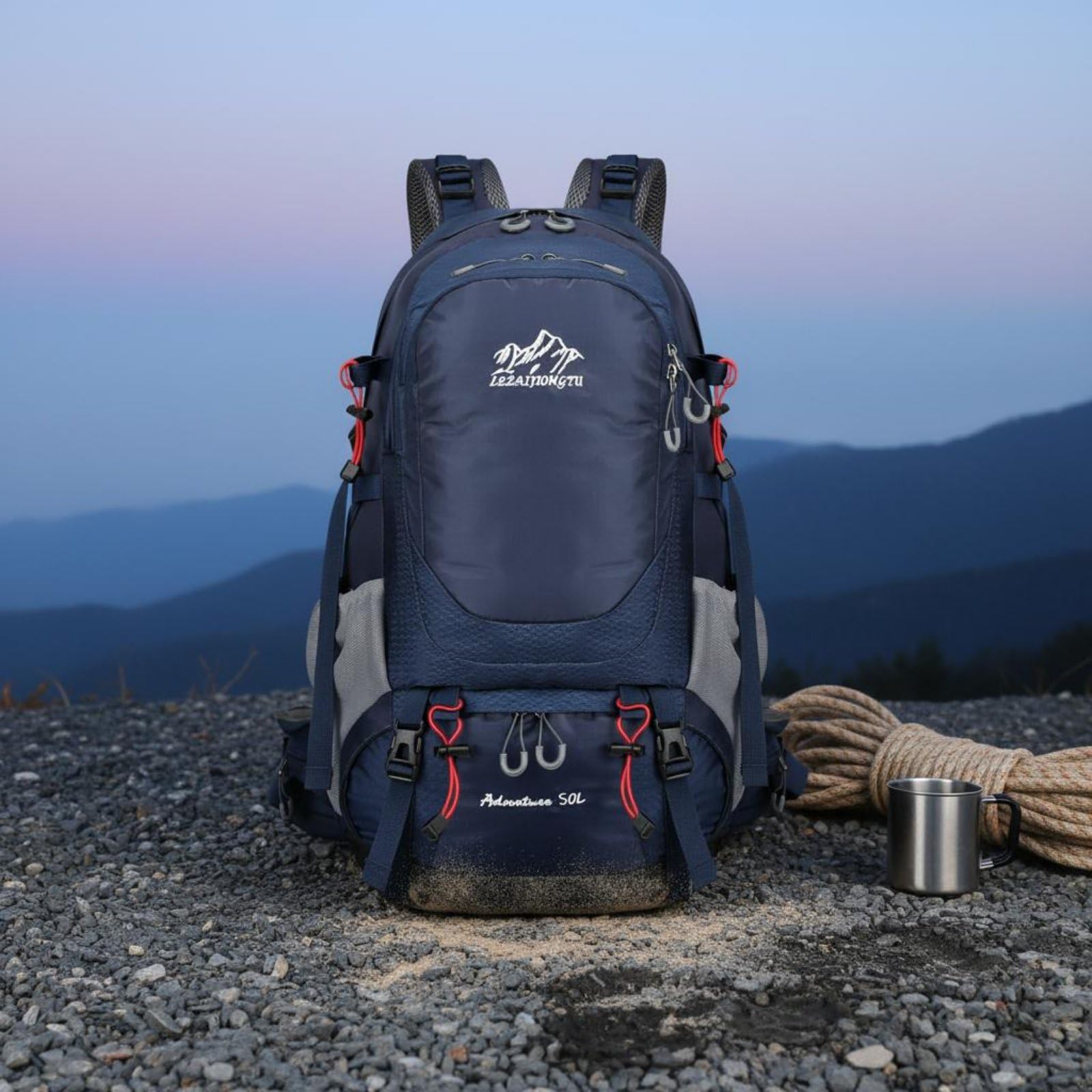 Almencla Rucksack Herren Trekking Wanderrucksack Reiserucksack Outdoorrucksack 50L Wettergeschützt mit Regenhülle Wasserabweisendes Gewebe Komfortable, Grau, Hellgrau, 36-55L