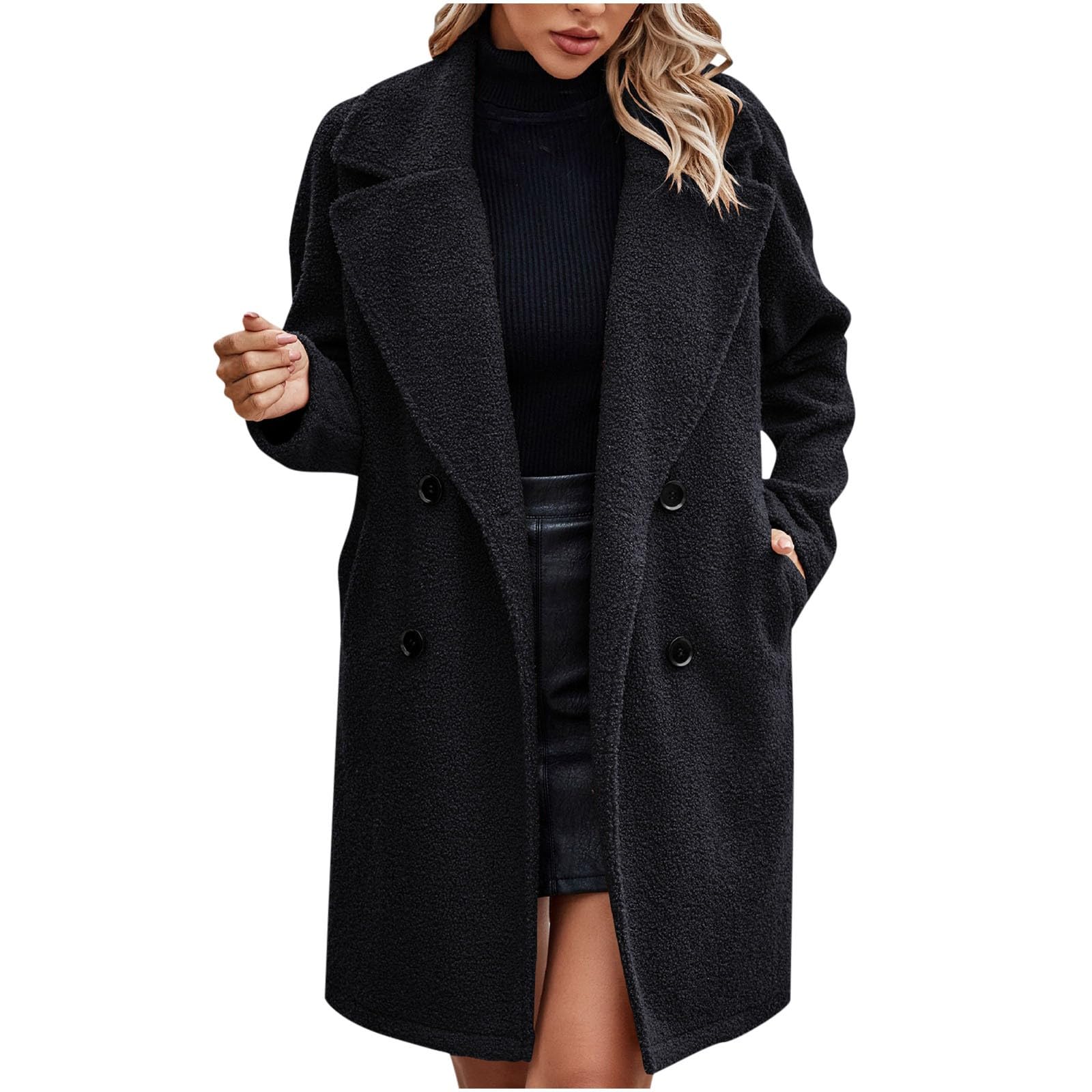 Gabardina de invierno para mujer, chaqueta de manga larga con solapa de piel sintética para mujer, chaqueta de forro polar mullido, abrigo de guisante de doble botonadura, trajes de otoño, cárdigan de