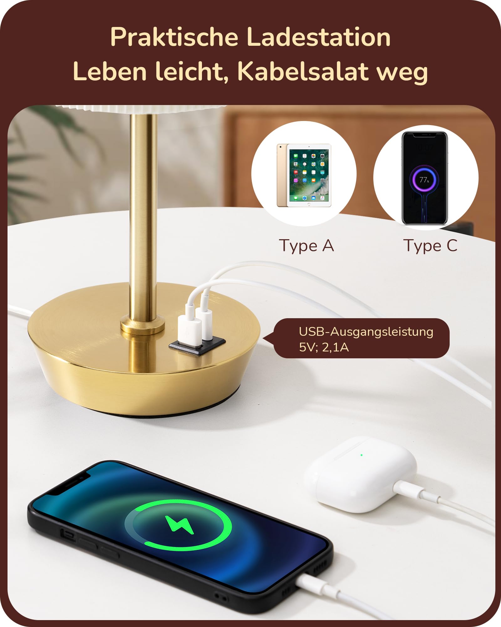 EDISHINE LED Nachttischlampe Touch Dimmbar 2er Set, Tischlampe Modern, Kleine Lampe, mit Ladefunktion, 2 USB Anschlüsse, mit Kabel, für Schlafzimmer, Wohnzimmer, Fensterbank, Geschenk, Gold