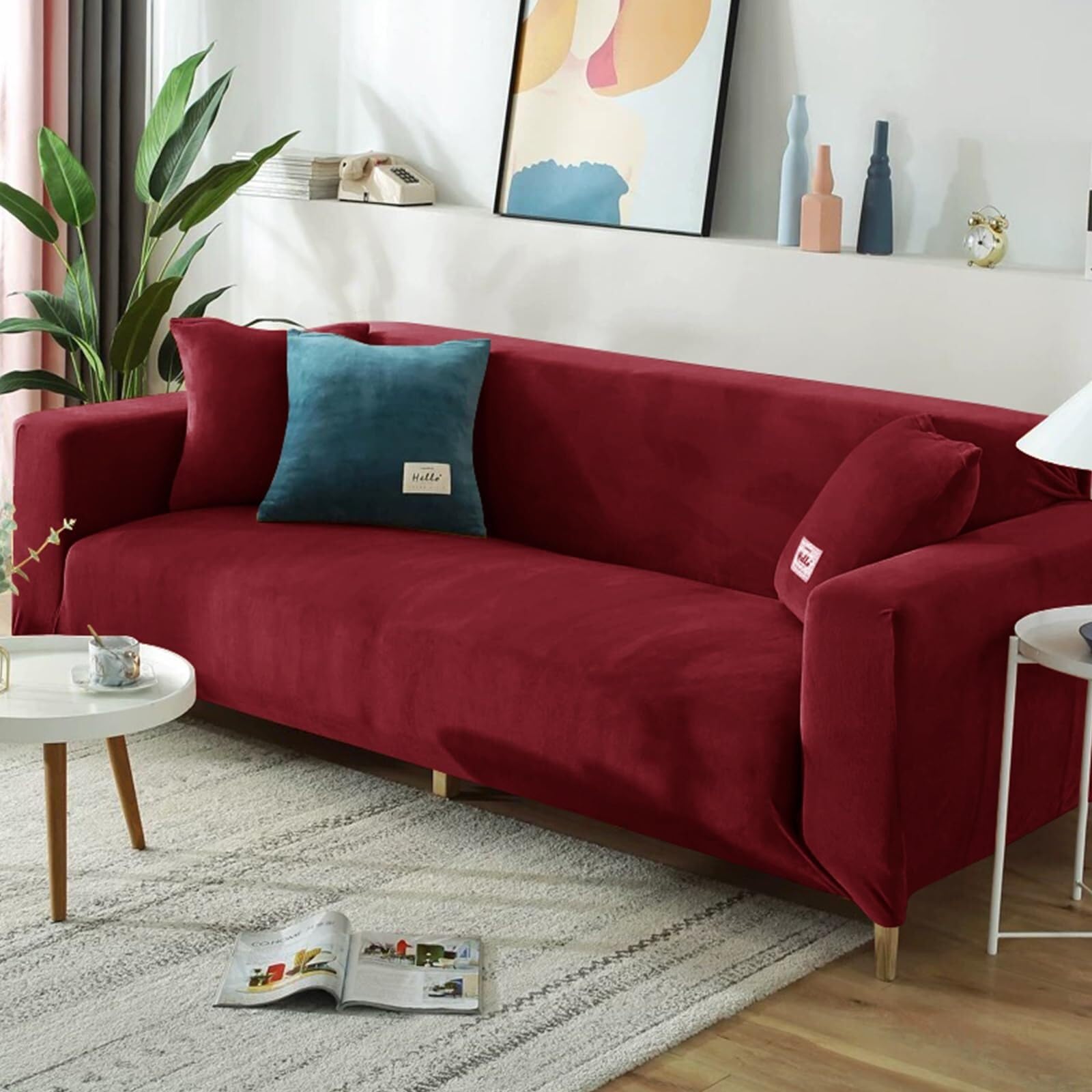 BUAOGDVG Stretch Sofa Cover, Plush Turquoise Universal Sofa Cover for 1/2/3/4 Seater Sofa Slipcover with Armrests for Furniture Protection(Bourgogne,2-Seater)