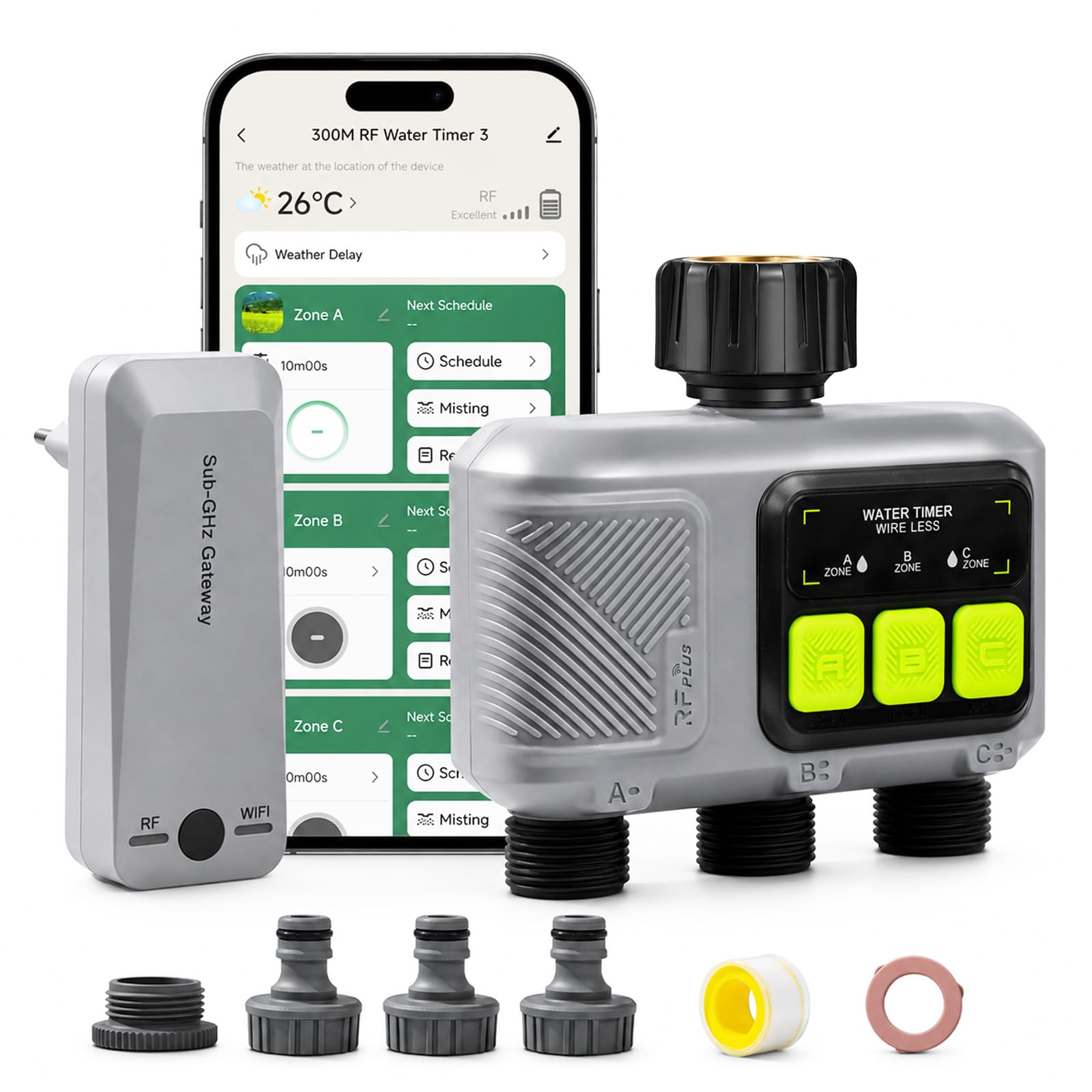 Bewässerungscomputer WLAN 3 Ausgänge mit 300m RF433 Technologie, Smart Zeitschaltuhr Bewässerung mit APP, Alexa & Google Sprachsteuerung, 21 Bewässerungsplänen, Garten Automatische Bewässerungsuhr