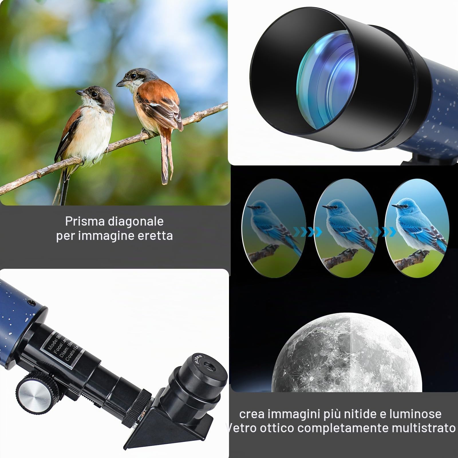 Telescopio da viaggio rifrattore, 50 mm apertura, 360 mm fuoco, per principianti, con treppiede da tavolo, in borsa