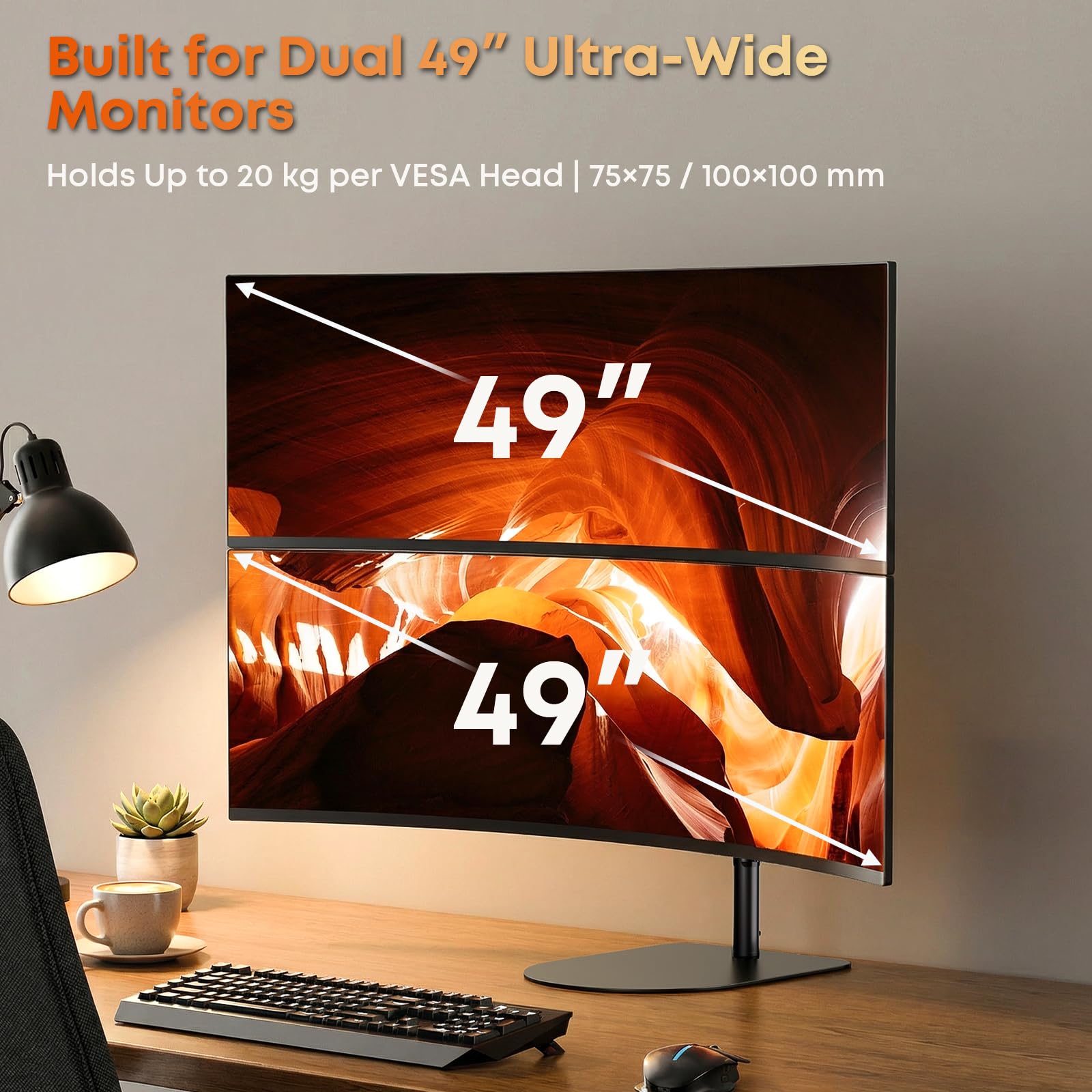 Soporte para monitor de 2 monitores uno encima del otro para 17-49 pulgadas, pantalla apilable vertical, postura independiente, altura ajustable, máx. 20 kg por brazo, VESA 75/100 mm, negro
