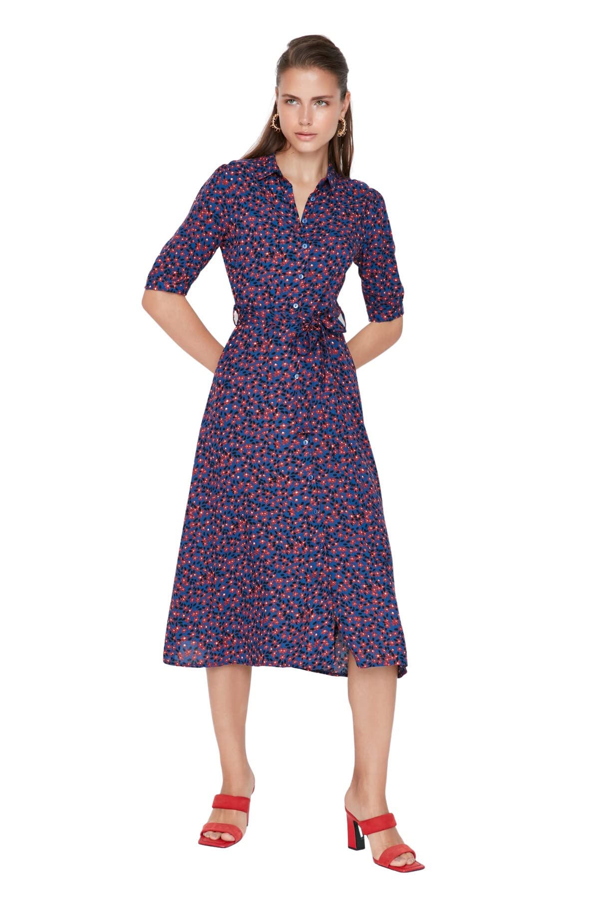 Trendyol FeMan Midi Shirt Dress Regular fit Woven Dress,Indigo,36