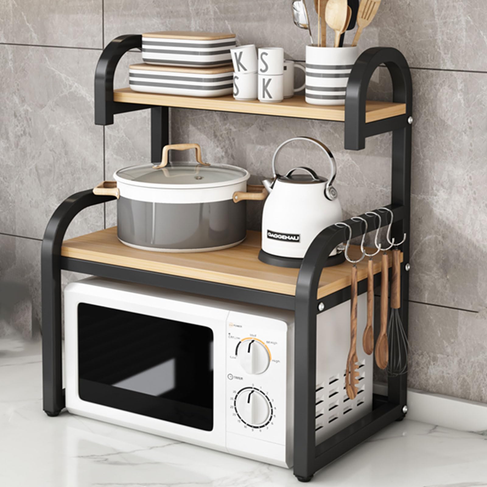POLGDW 2 Tier Wooden Microwave Stand with Hooks Kitchen Storage Shelf for Appliances Tableware & Condiments Countertop nizer for Small Spaces