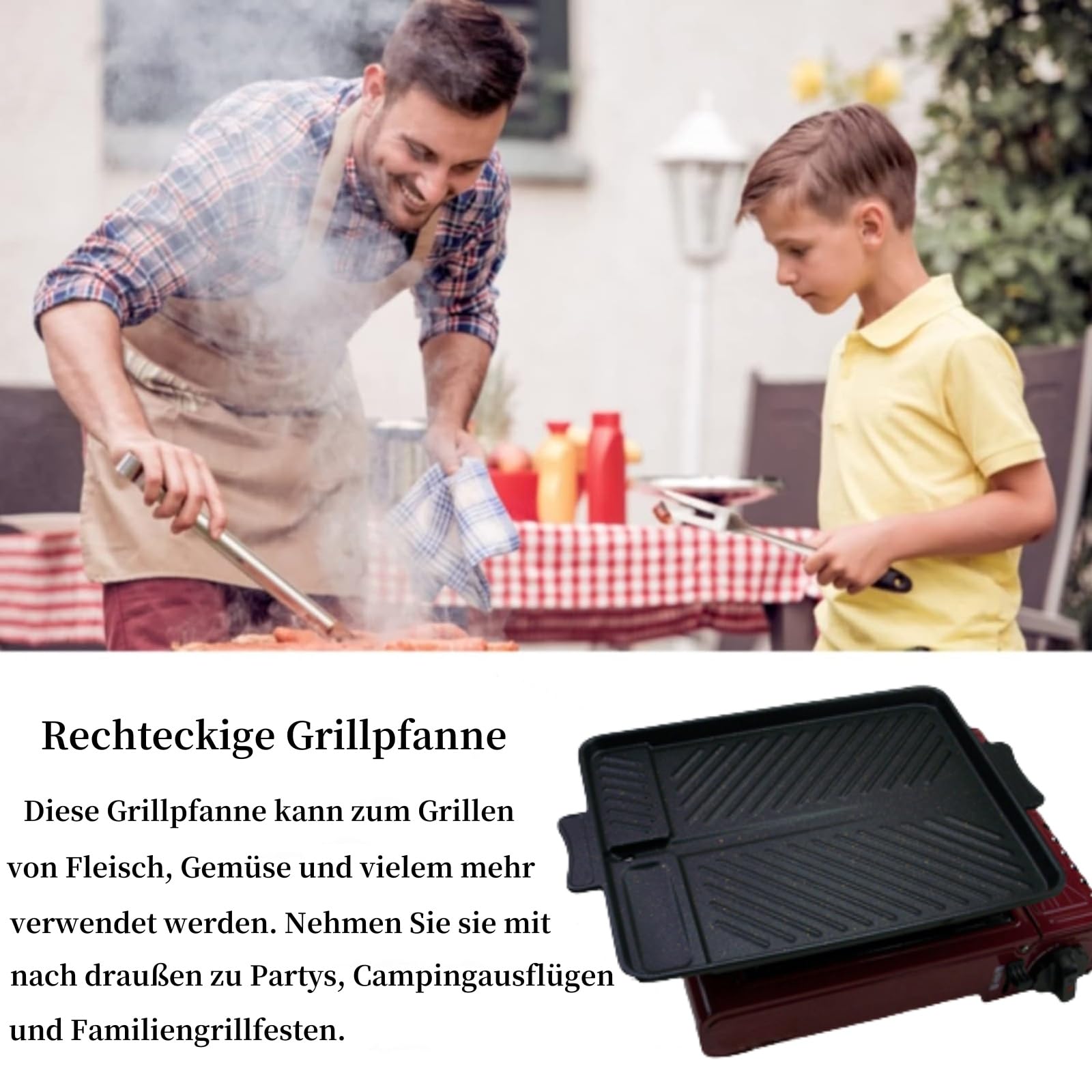 Rechteckige Grillpfanne,Gaskocher grillplatte, Grillaufsatz gaskocher camping，Antihaftbeschichtet, Innen- und Außen Grillplatte campingkocher