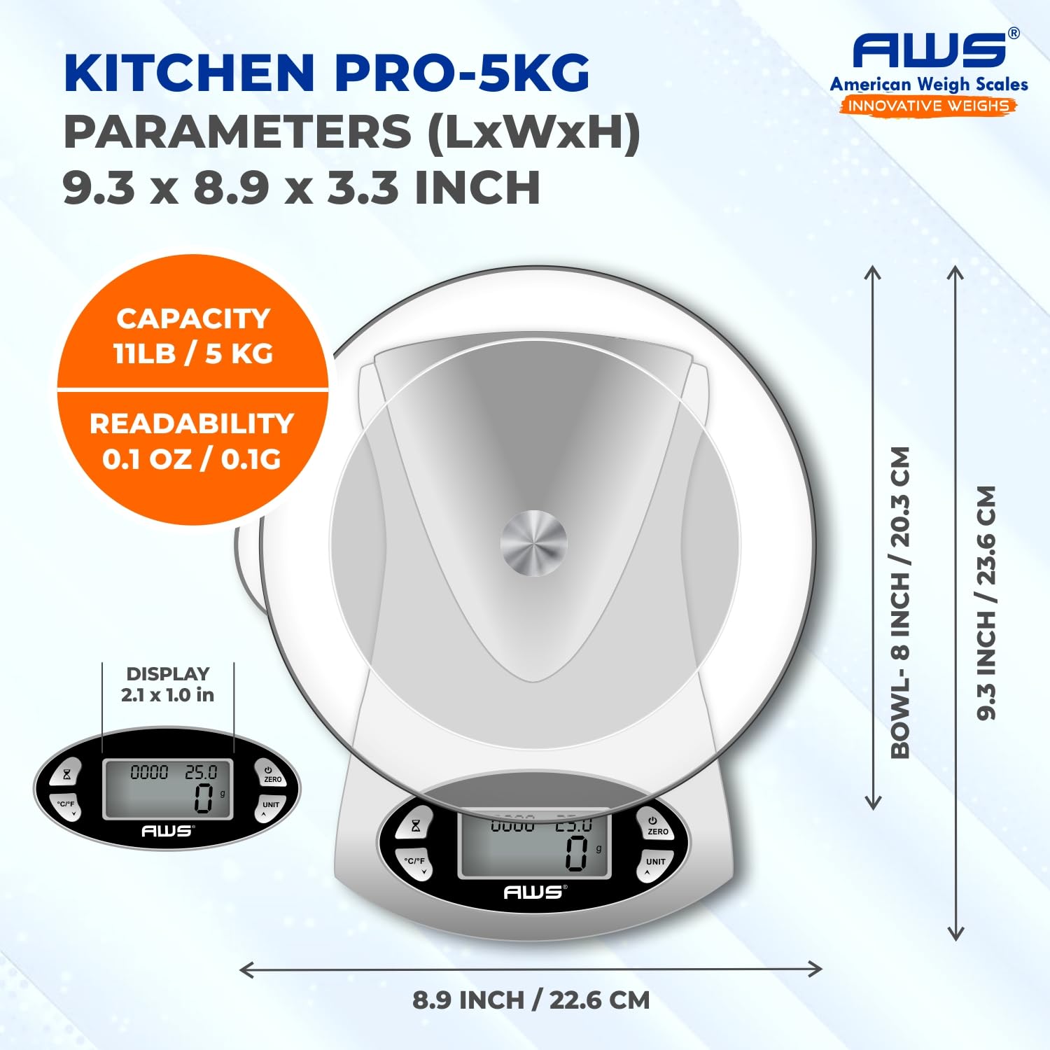 AWS Kitchen Pro - Báscula digital de precisión para alimentos de 0,1 g/0,001 onzas con vidrio templado, cuenco apto para lavavajillas, tara, temporizador, reloj y pantalla de temperatura ambiente |