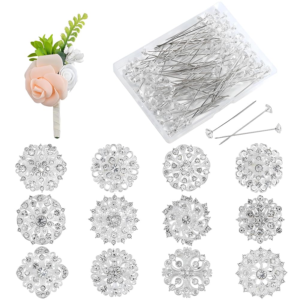 113 broche de Plata con Diamantes de Imitación Broche de Flores Alfiler de Ramo con Cabeza Recta Flores A Granel Ramillete Kit de Joyería para Boda Accesorio Insignia de Solapa Decoración DIY