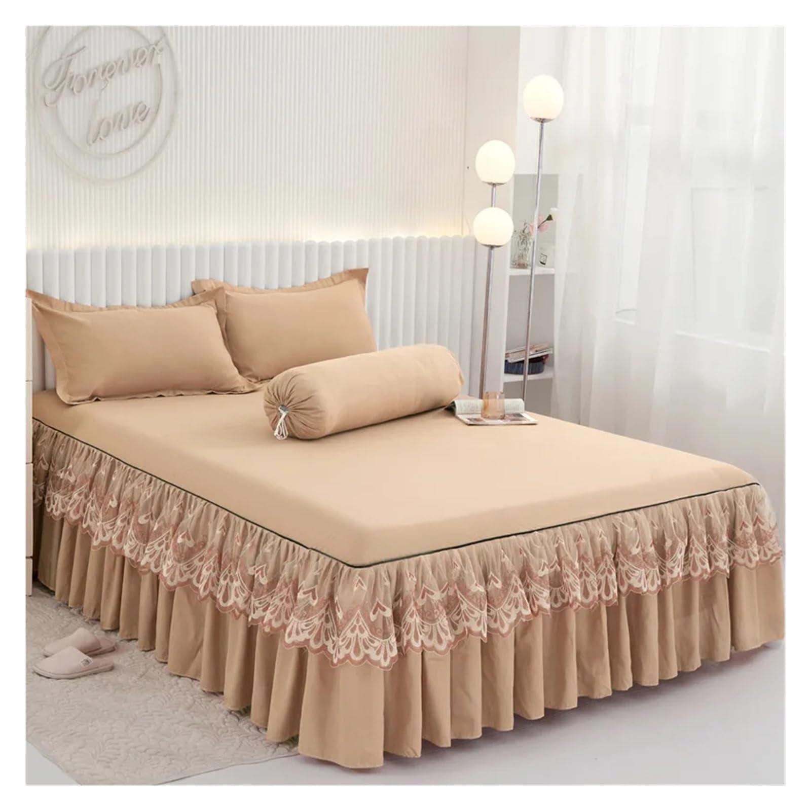 Ruffles Bed Skirt with Pillowcase Solid Mattress Cover Bedclothes Fitted Bed Sheet Single Double Size Home Textile(Khaki,120x200cm-3pc)