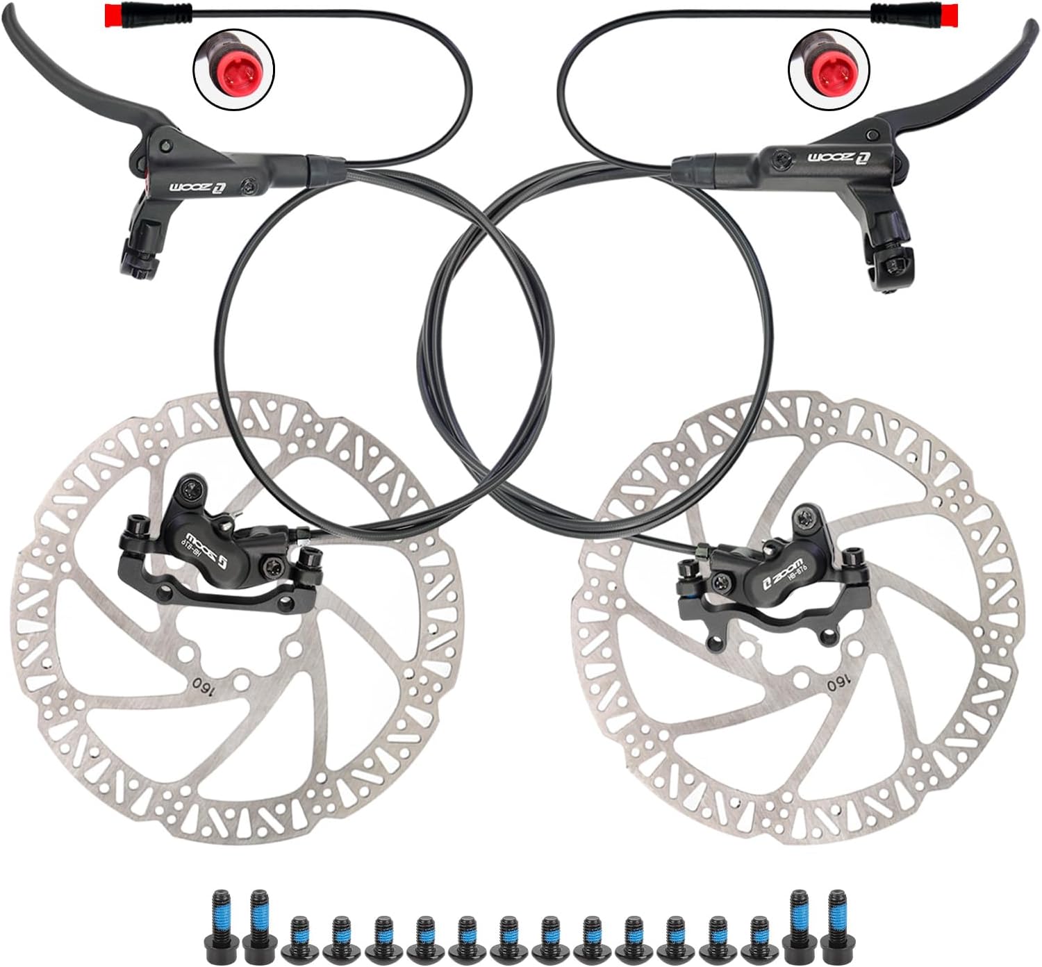 ZOOM HB876E Hydraulic E-Bike Brake Kit with 4 Pairs 4-Piston Brake Pads, 2-Pin Power Cut-Off Sensor, Front & Rear Disc Brake Set for Electric Bike & MTB
