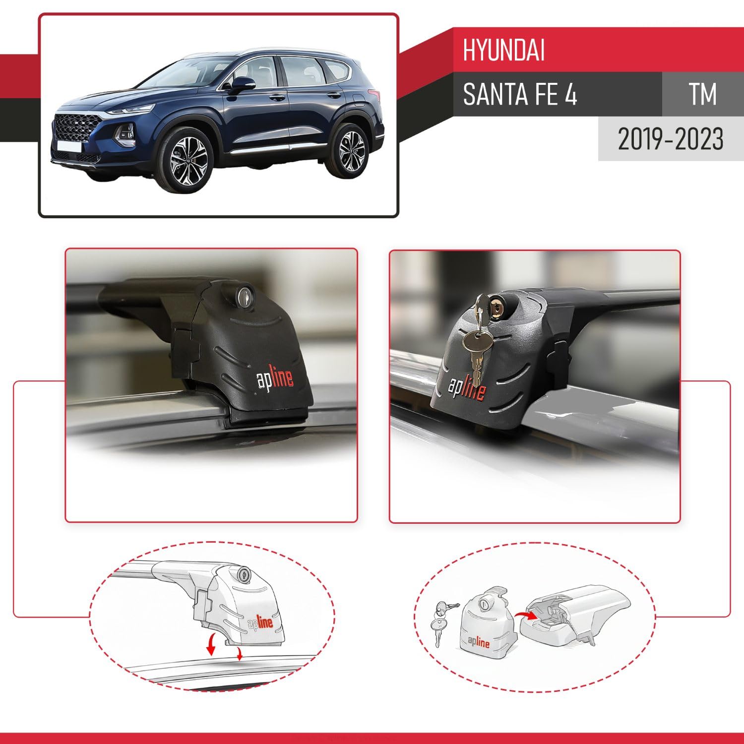 Compatibile con Hyundai Santa Fe 4 (TM) 2019-2023 Modello ACE-2 Barre Tetto Portapacchi Auto Barre Portatutto Nero Alluminio 2 Barre