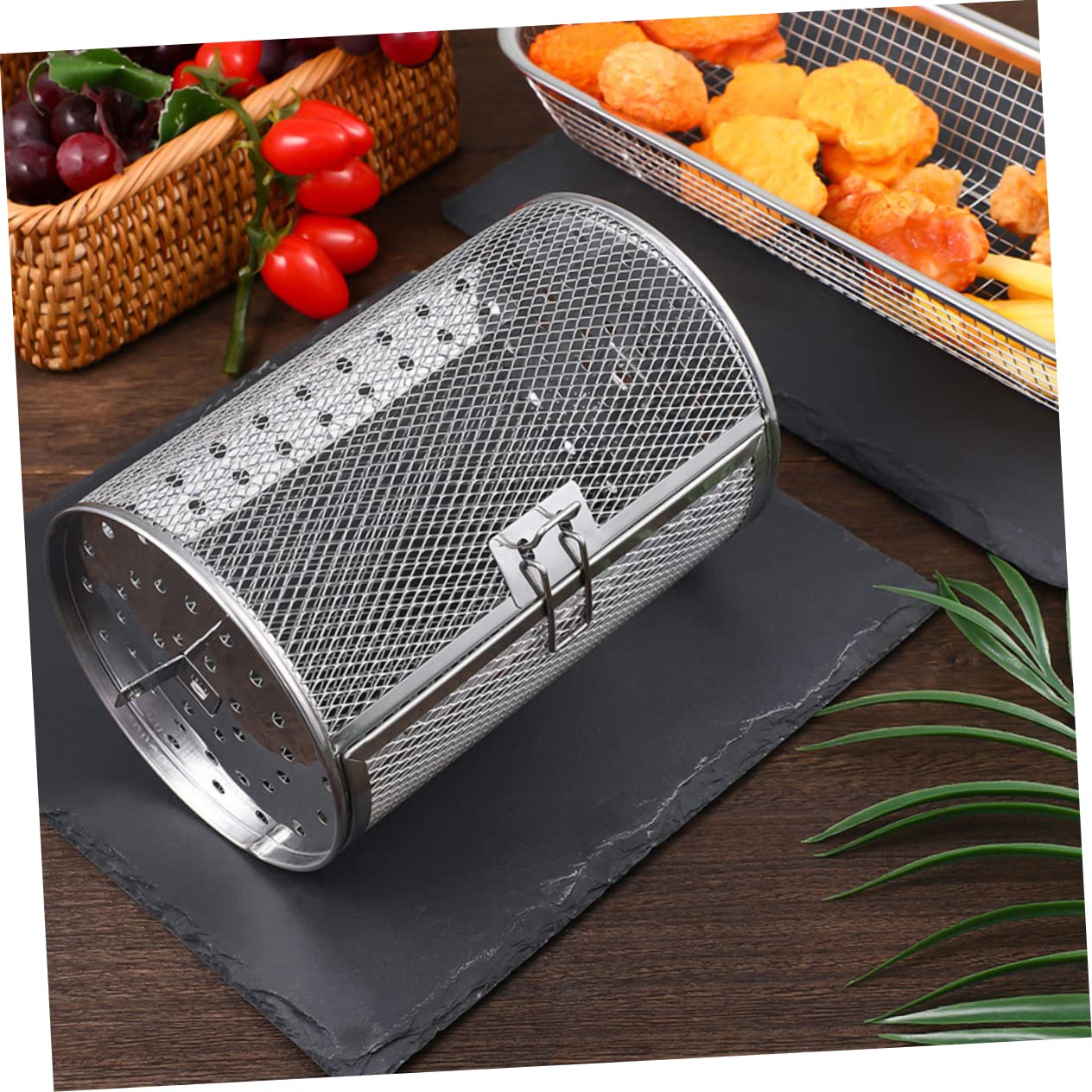 Yardwe Panier De Four À Tambour En Acier Inoxydable 25X14X14Cm Cage De Rôtissoire Rotative Accessoire De Cuisson Pour Barbecue Et Friteuse À Air