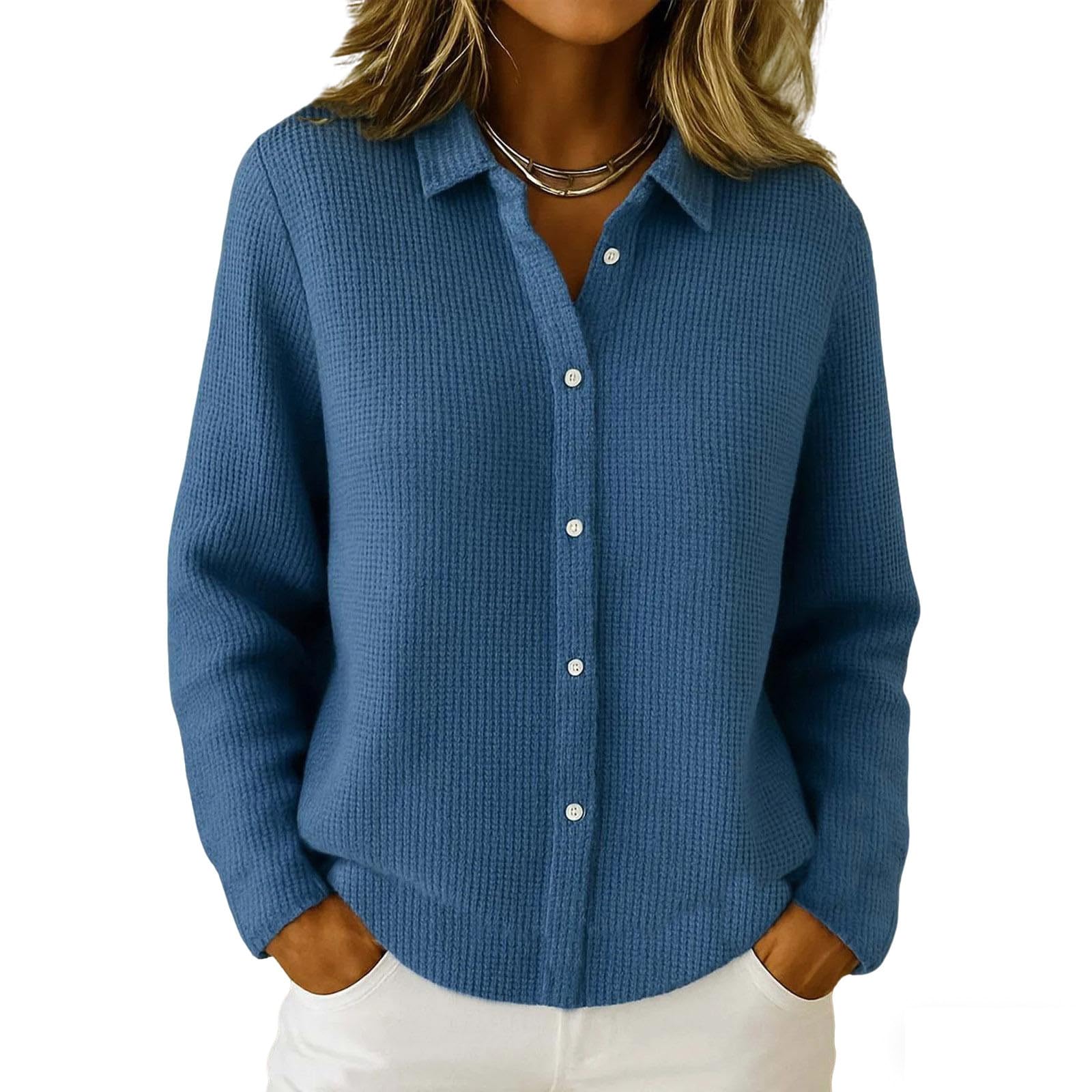 Womens Knit Cardigan Sweaters Fall Winter Lapel Collar Open Front Button Jacket Fashion Solid Outerwear Coats