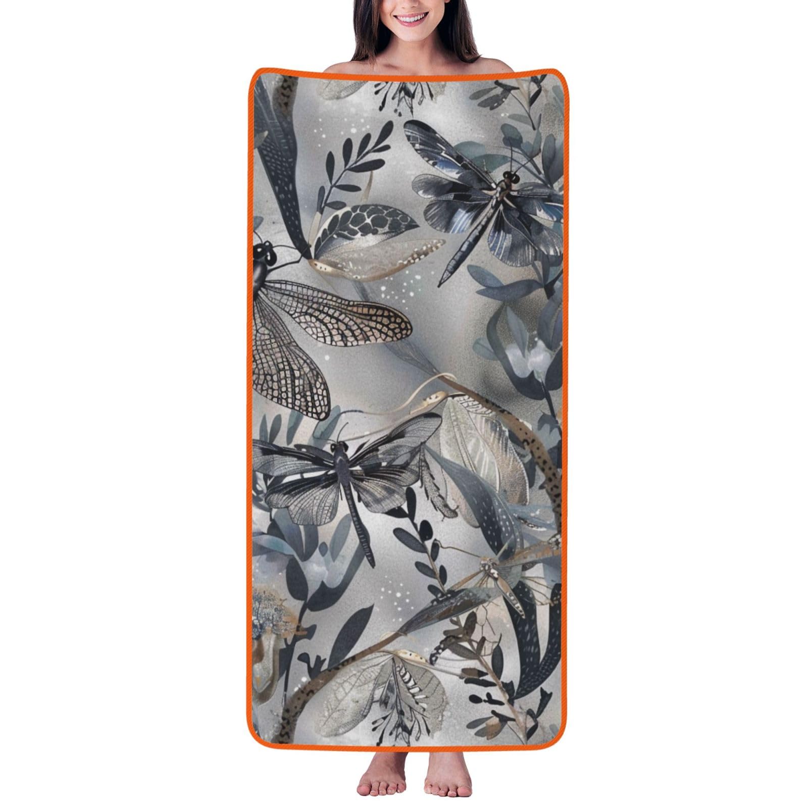 WPKJU Dragonflies Grey Printed Bath Towel with Orange Edging - 27x55 in Soft Extra Absorbent Coral Velvet Shower Towels for Bathroom