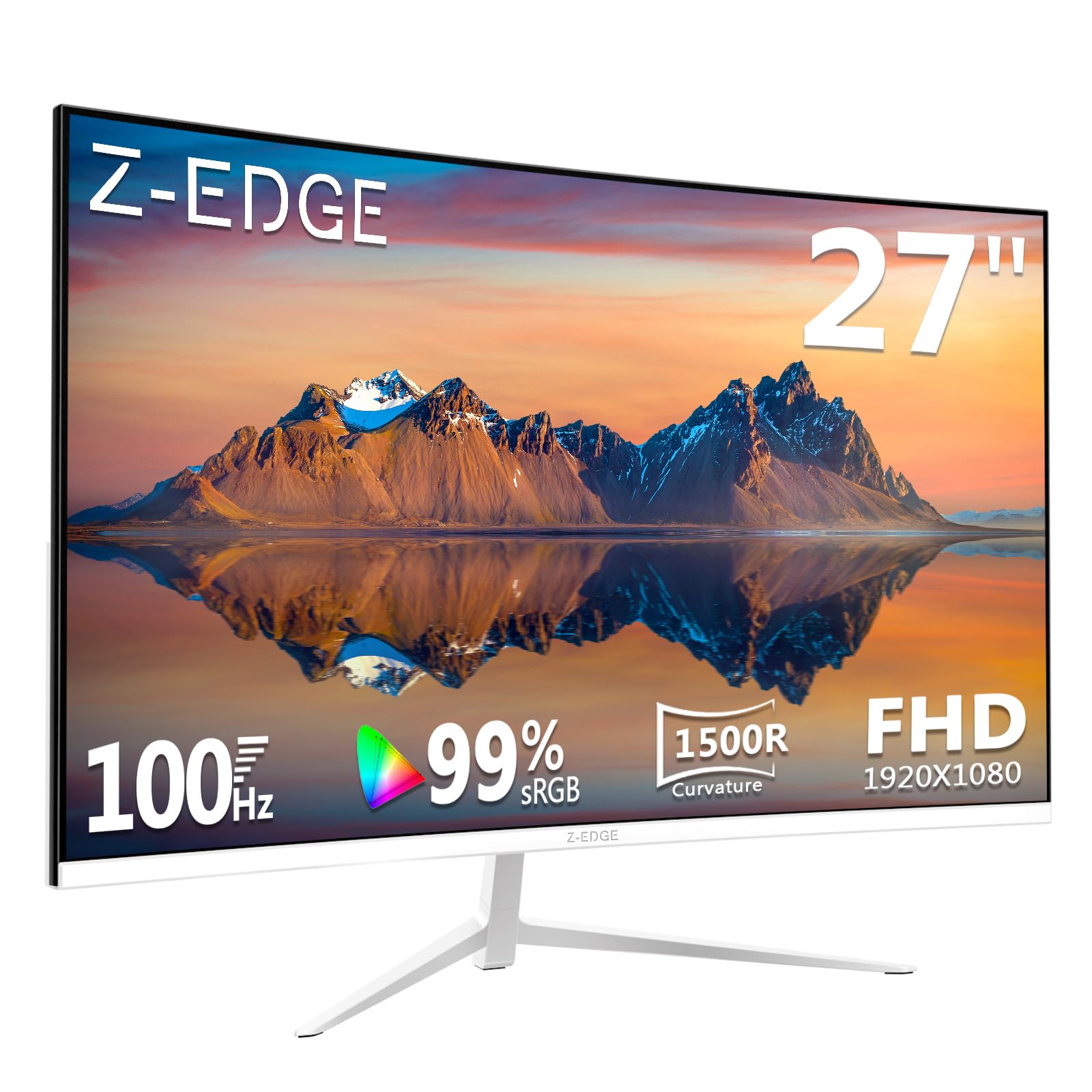 Z-Edge Monitor Curvo Blanco 27 Pulgadas, Panel VA 100Hz Full HD 1080P, Pantalla Curva 1500R, 99% sRGB, 250 CD/m², HDR10, FreeSync, HDMI y DP, Compatible con VESA