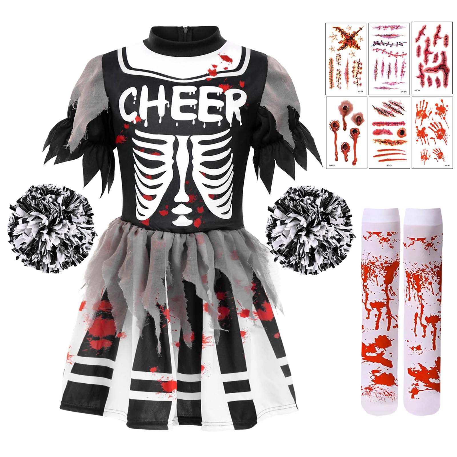 NebulaGlam Children's Cheerleader Costume Halloween, Zombie Cheerleader Costume