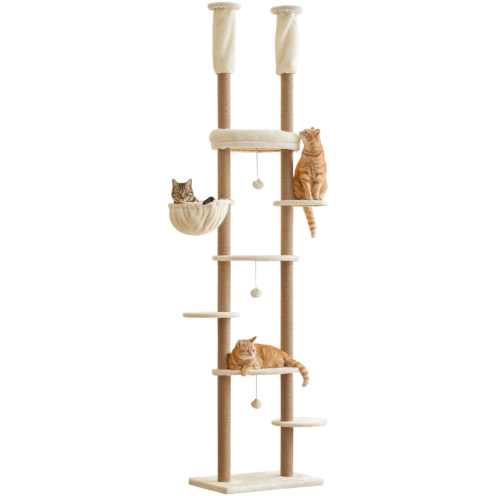 Deckenhoher Katzenbaum 234-259 cm höhenverstellbar, 2-Säulen-Design mit 12 sisalumwickelten Pfosten, mehrstöckig mit weichen Liegeflächen, Hängematte, Plattformen & Spielball, Beige