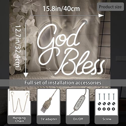 Miniatura 6 de Letrero de neón con texto en inglés God Bless ipara decoración de pared, decoración de pared con texto en inglés God Bless, de 15.8 x 12.7 pulgadas,