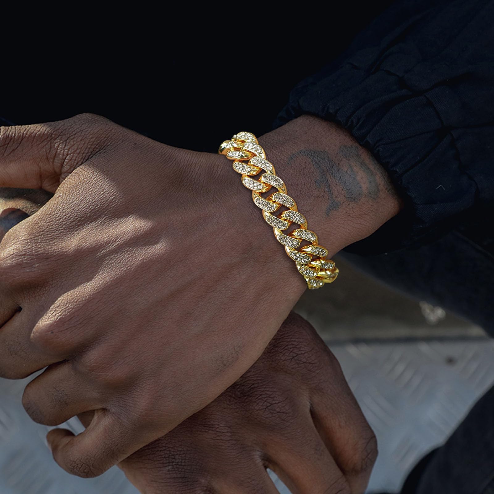 Bracciali a Catena di Colore Oro per Gli Uomini, Braccialetto a Catena gourmette con intarsio Completo, Regali Hip Hop Rap