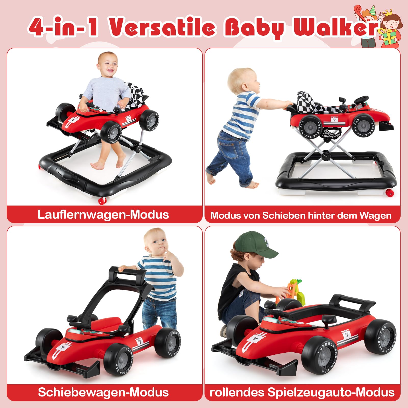 COSTWAY 4 in 1 Lauflernhilfe, Lauflernwagen klappbar mit einstellbarer Höhe, Baby Walker Autoförmig mit Lenkrad & Spieluhr, Laufwagen mit Rädern für Baby von 6–18 Monaten (Rot)